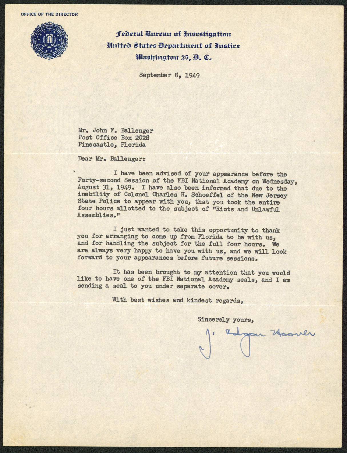 J. Edgar Hoover FBI Signed Letter Dated 9/8/1949 On FBI Letterhead BAS #AD64299