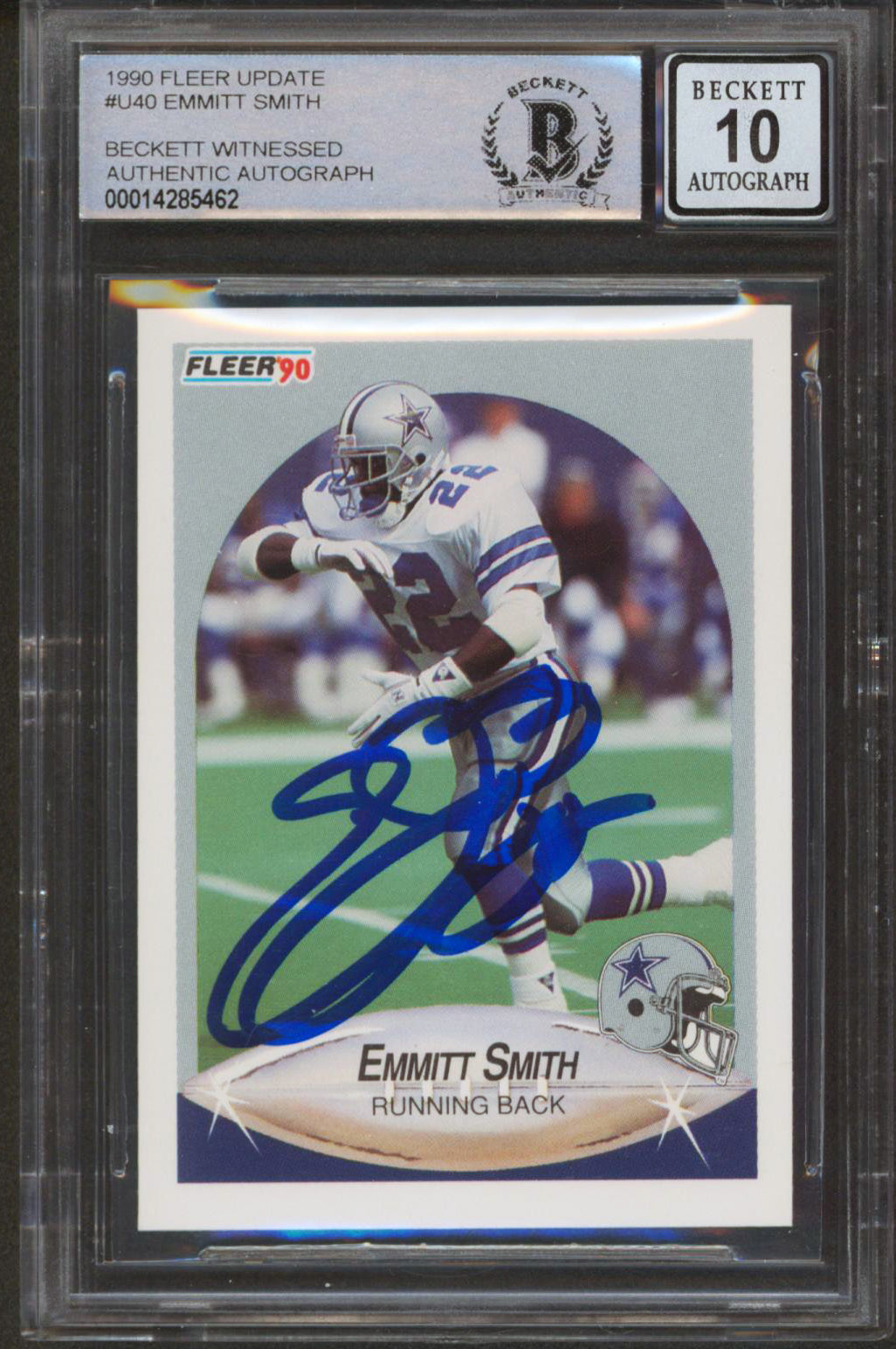 Cowboys Emmitt Smith Signed 1990 Fleer Update #U40 Rookie Card Auto 10! BAS Slab