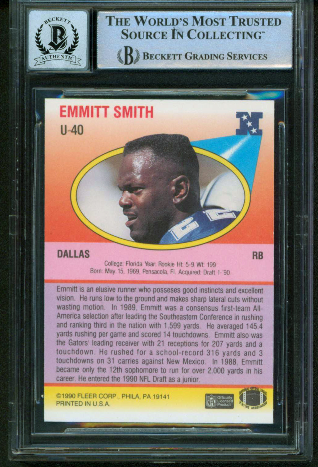 Cowboys Emmitt Smith Signed 1990 Fleer Update #U40 Rookie Card Auto 10! BAS Slab