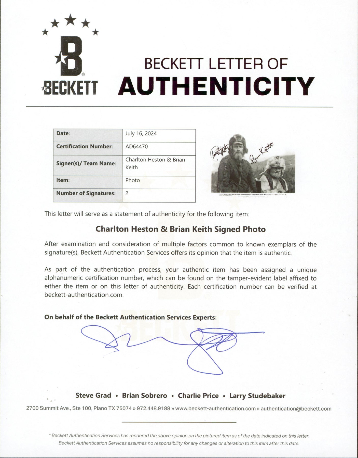 Charlton Heston & Brian Keith The Mountain Men Signed 8x10 Photo BAS #AD64470