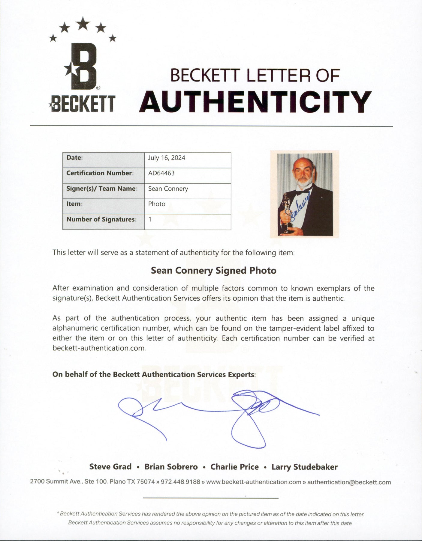 Sean Connery The Untouchables Authentic Signed 8x10 Photo BAS #AD64463