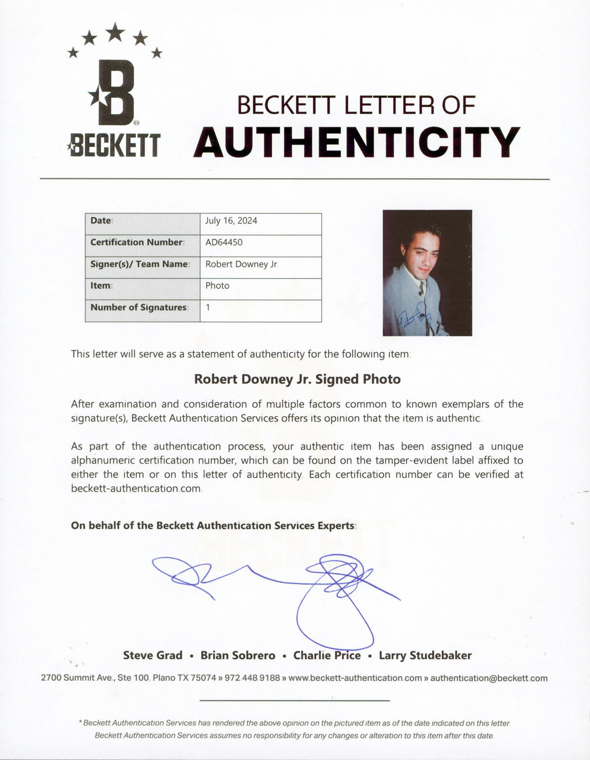 Robert Downey Jr. The Pick-up Artist Signed 7x10 Photo Autographed BAS #AD64450
