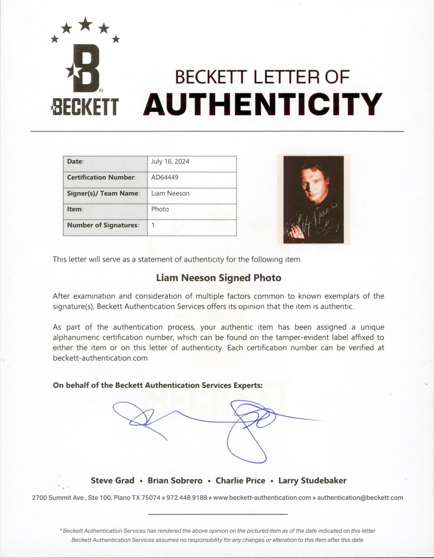 Liam Neeson Schindler's List Authentic Signed 6.5x9.5 Photo BAS #AD64449