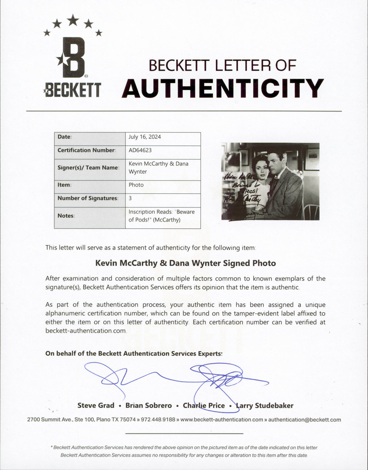 Invasion of the Body Snatchers (2) McCarthy & Wynter Signed 8x10 Photo BAS