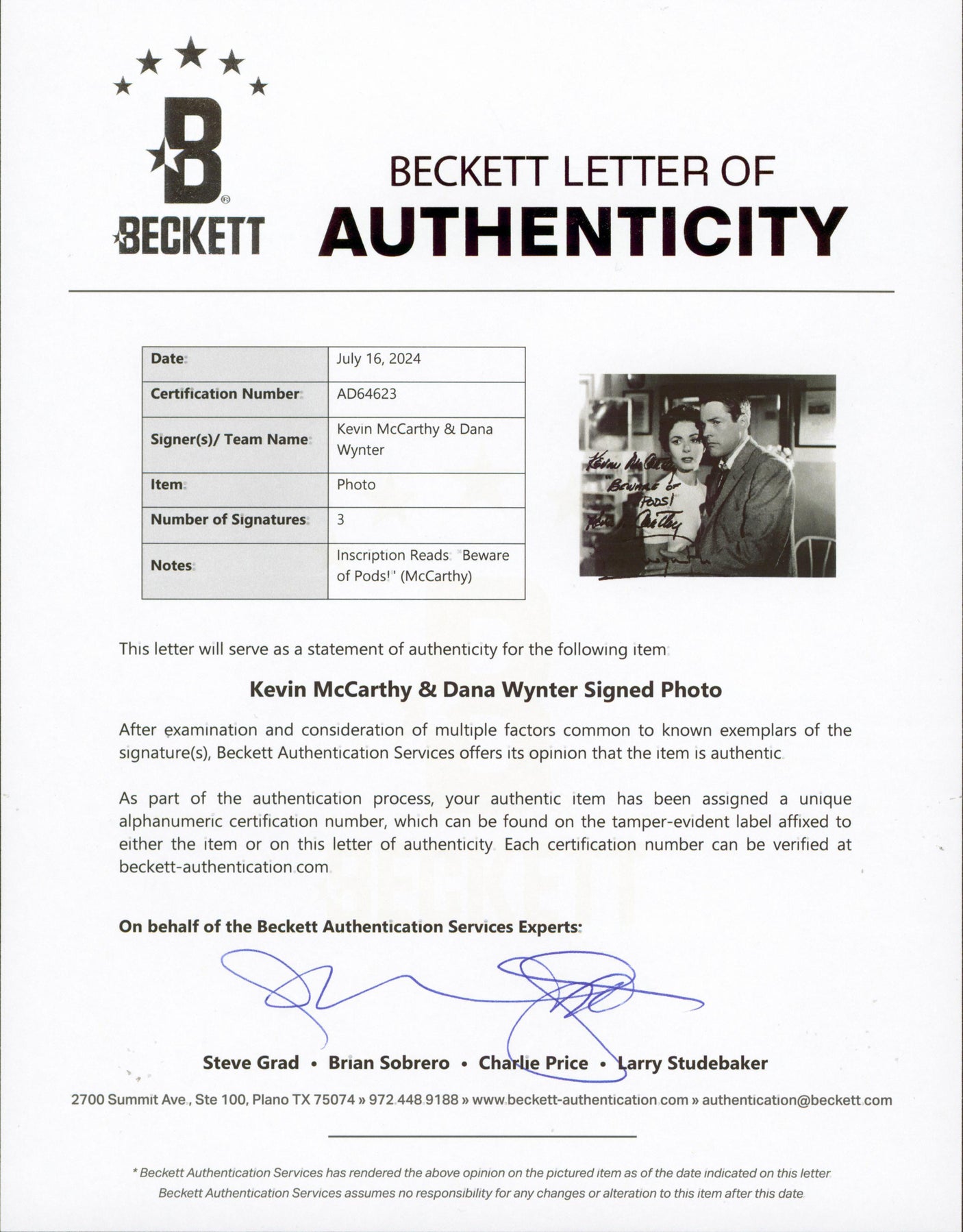 Invasion of the Body Snatchers (2) McCarthy & Wynter Signed 8x10 Photo BAS