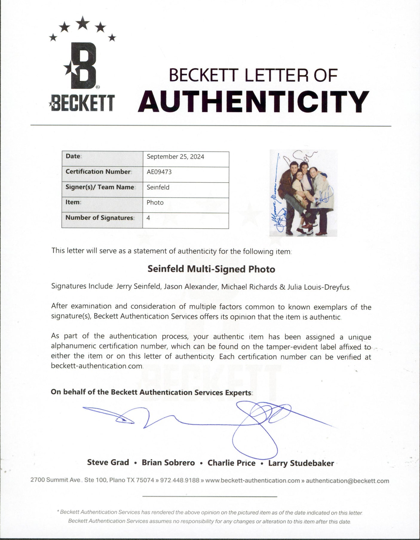 Seinfeld (4) Seinfeld, Alexander, Richards +1 Signed 11x14 Photo BAS #AE09473