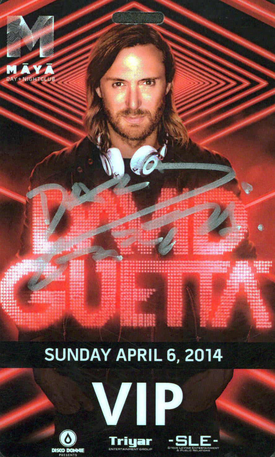 David Guetta Authentic Signed April 6, 2014 VIP Maya Badge BAS #BQ98494
