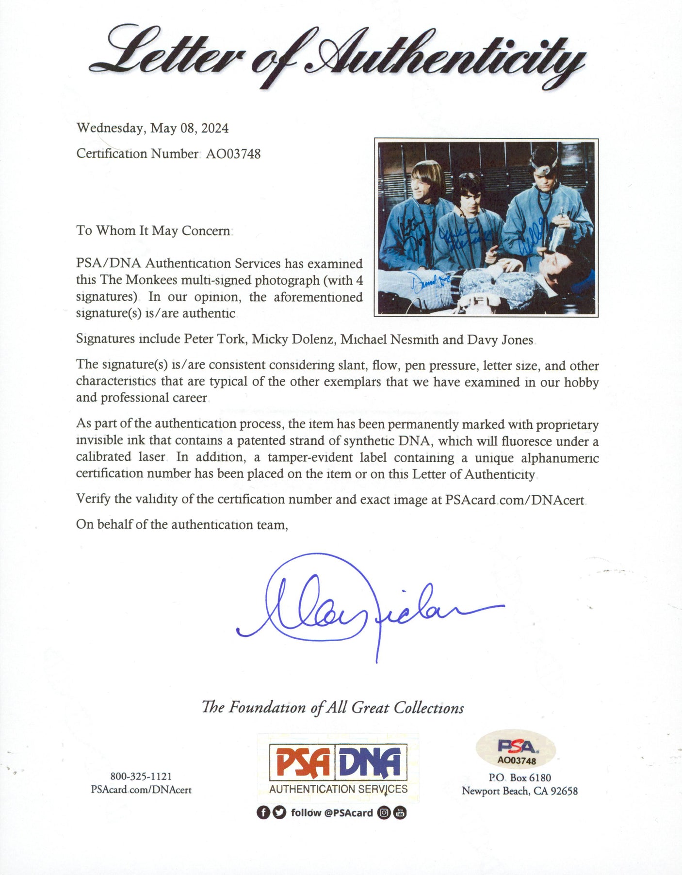 The Monkees (4) Tork, Dolenz, Nesmith & Jones Signed 8x10 Photo PSA/DNA #AO03748