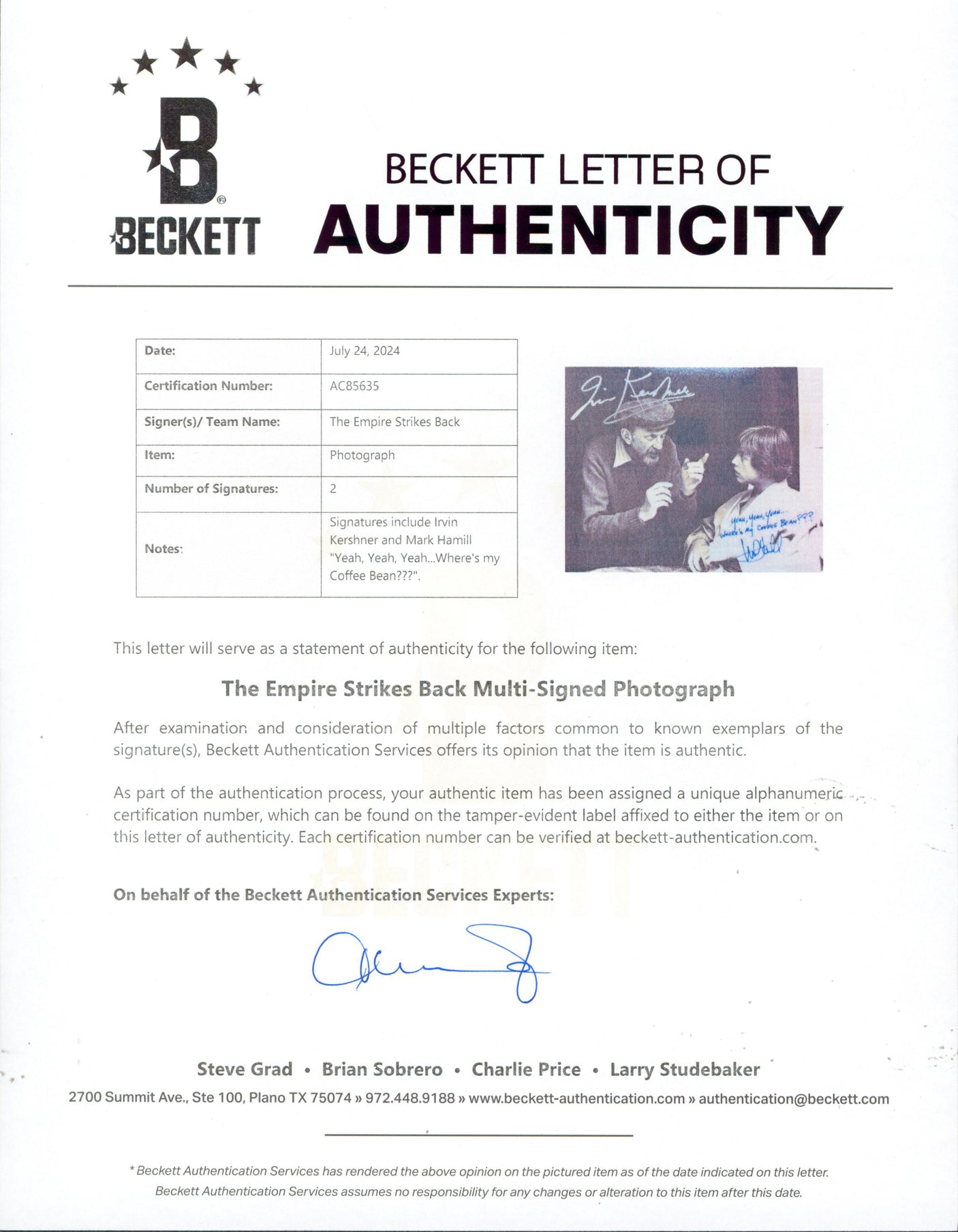 Mark Hamill & Irvin Kershner Star Wars Authentic Signed 8x10 Photo BAS #AC85635