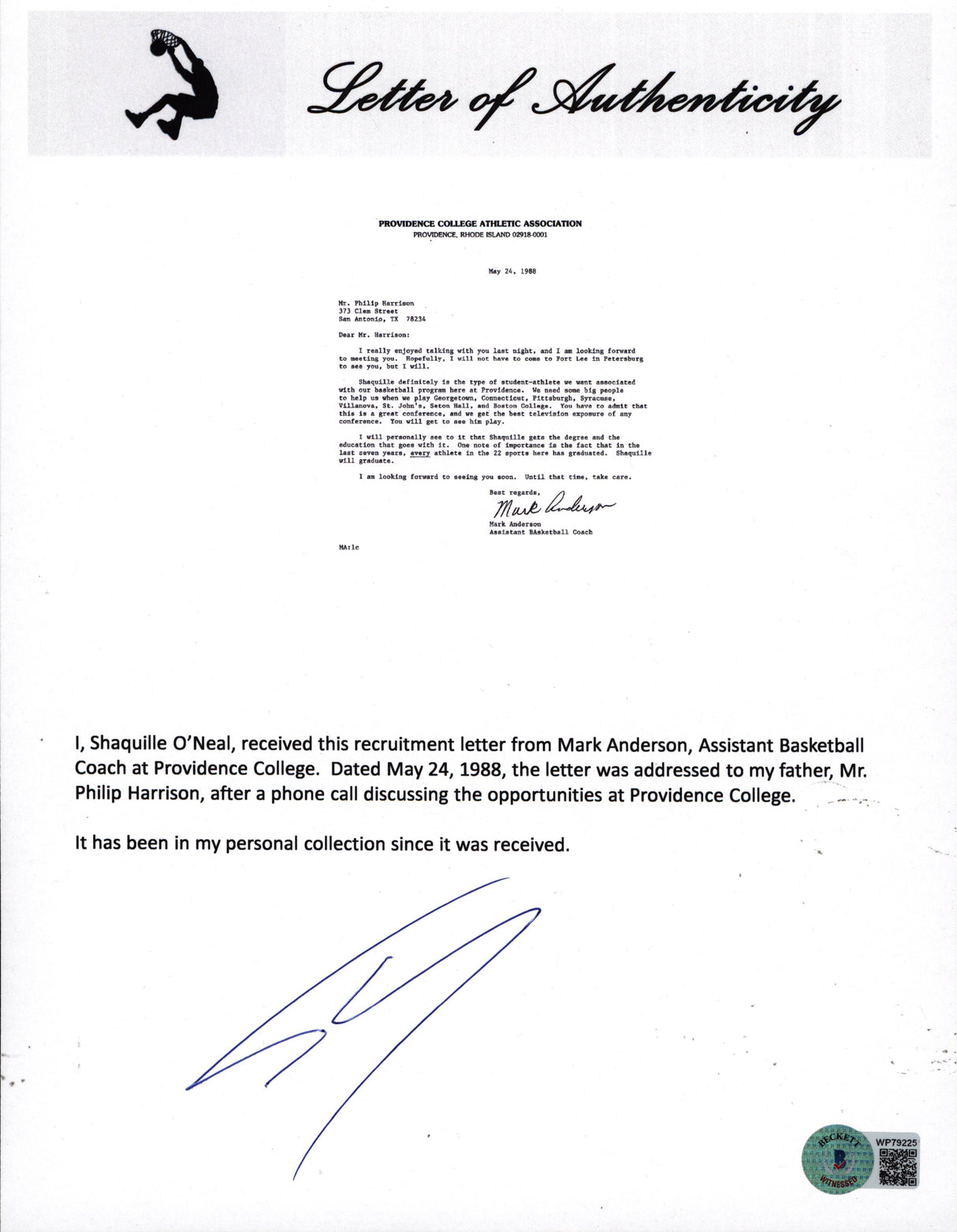 Shaquille O'Neal Authentic Signed 1988 Providence College Recruitment Letter BAS