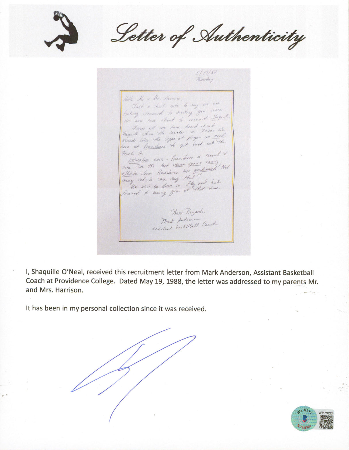 1988 Providence College Shaquille O'Neal Handwritten Recruitment Letter