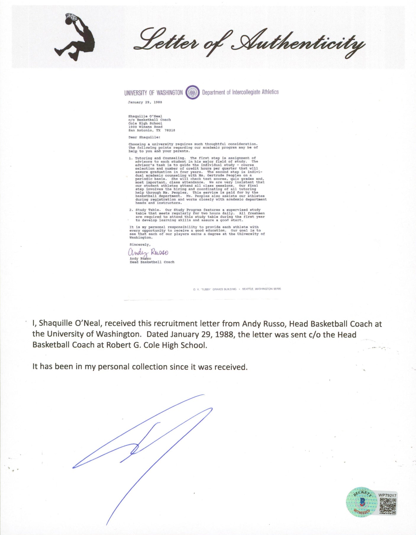 Shaquille O'Neal Signed 1988 University of Washington Recruitment Letter BAS