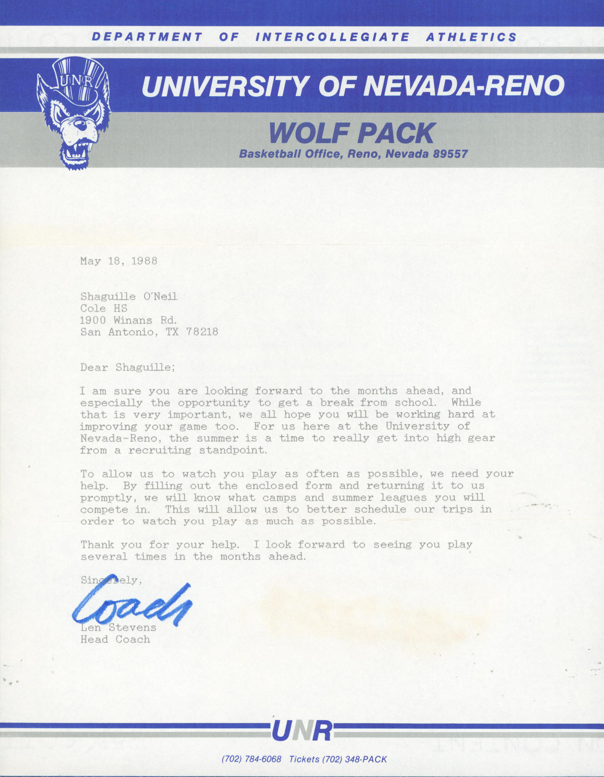 1988 University of Nevada-Reno Shaquille O'Neal Recruitment Letter