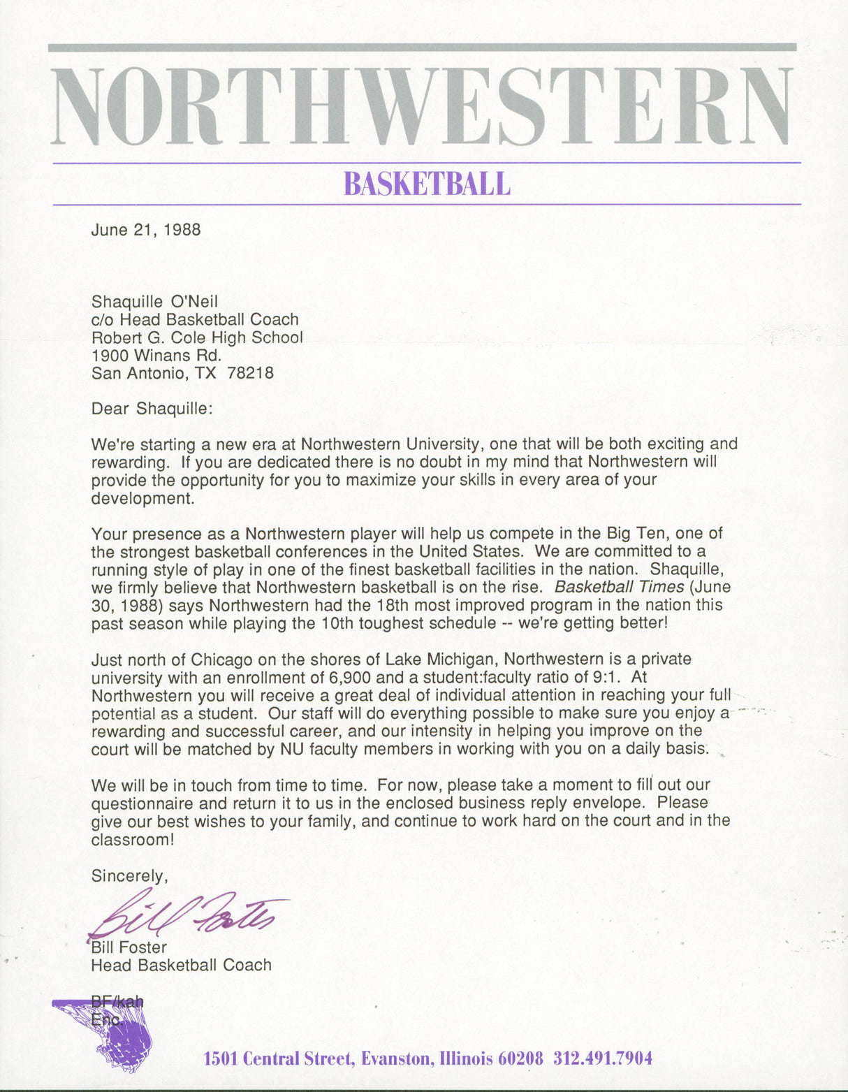 1988 Northwestern Shaquille O'Neal Recruitment Letter