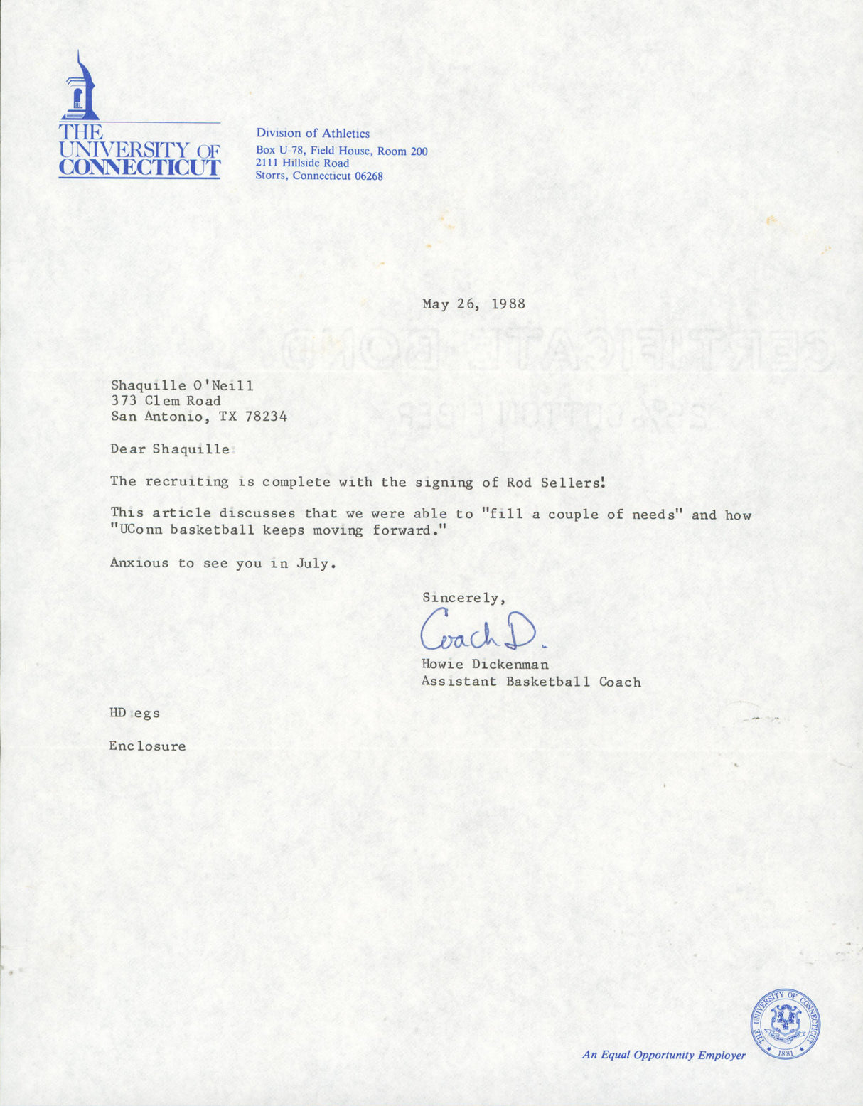 1988 University of Connecticut Shaquille O'Neal Recruitment Letter