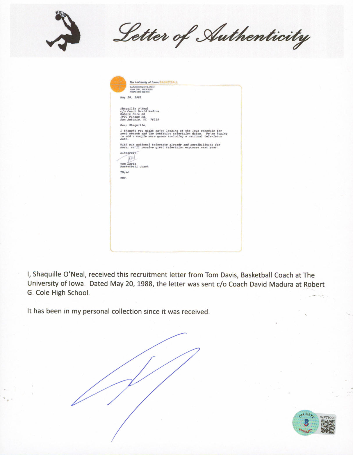 Tom Davis Signed 1988 University of Iowa Shaquille O'Neal Recruitment Letter