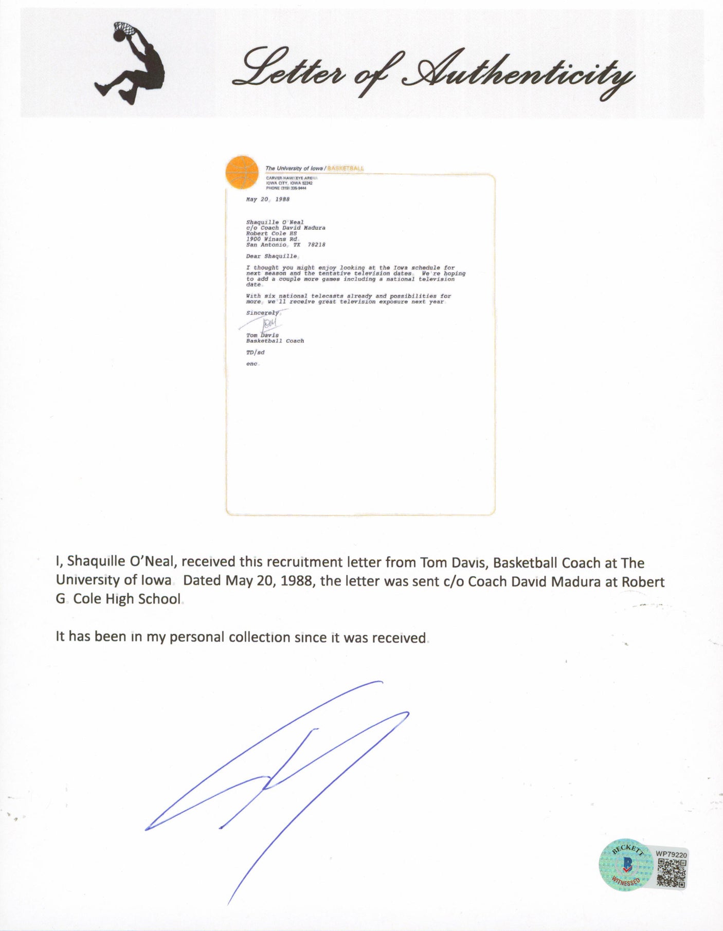 Shaquille O'Neal & Tom Davis Signed 1988 Iowa University Envelope & Letter BAS