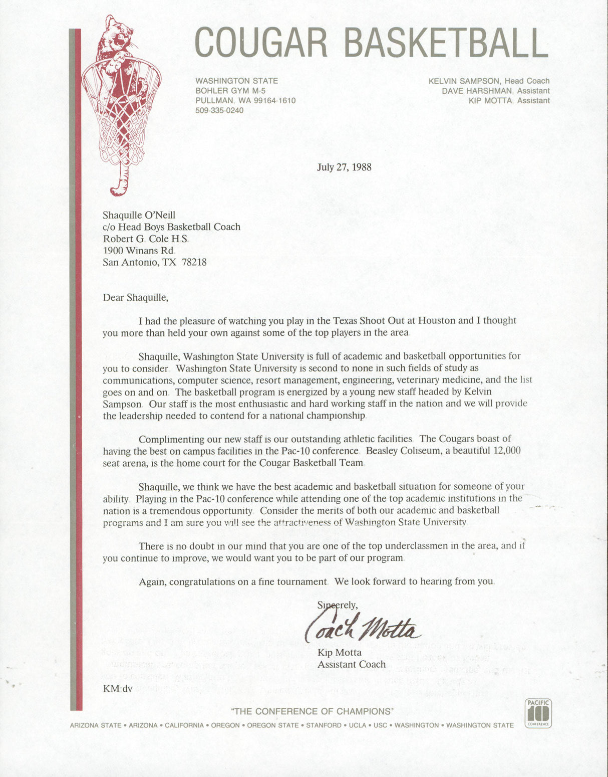 1988 Washington State University Shaquille O'Neal Recruitment Letter