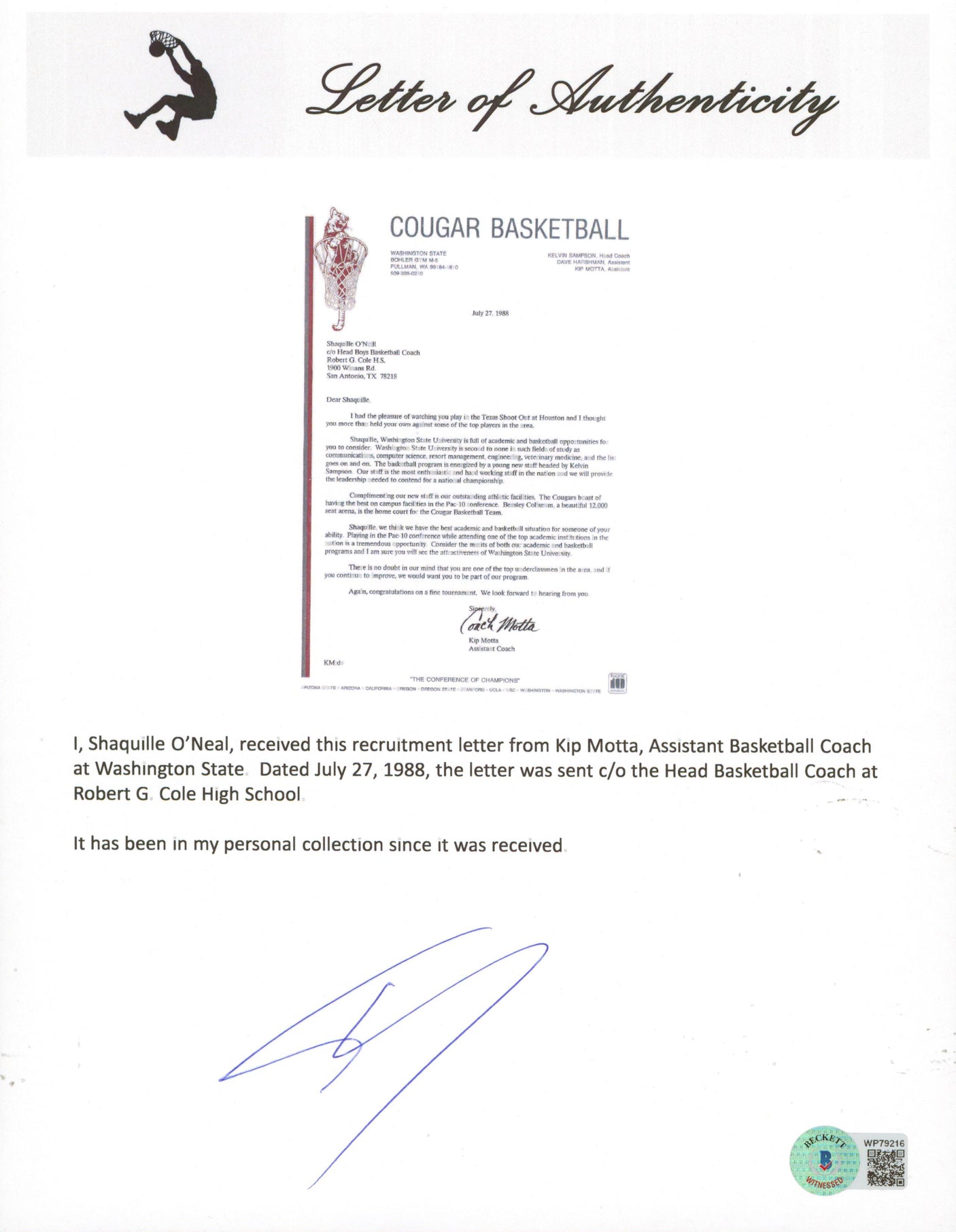 Shaquille O'Neal Signed 1988 Washington State University Recruitment Letter BAS
