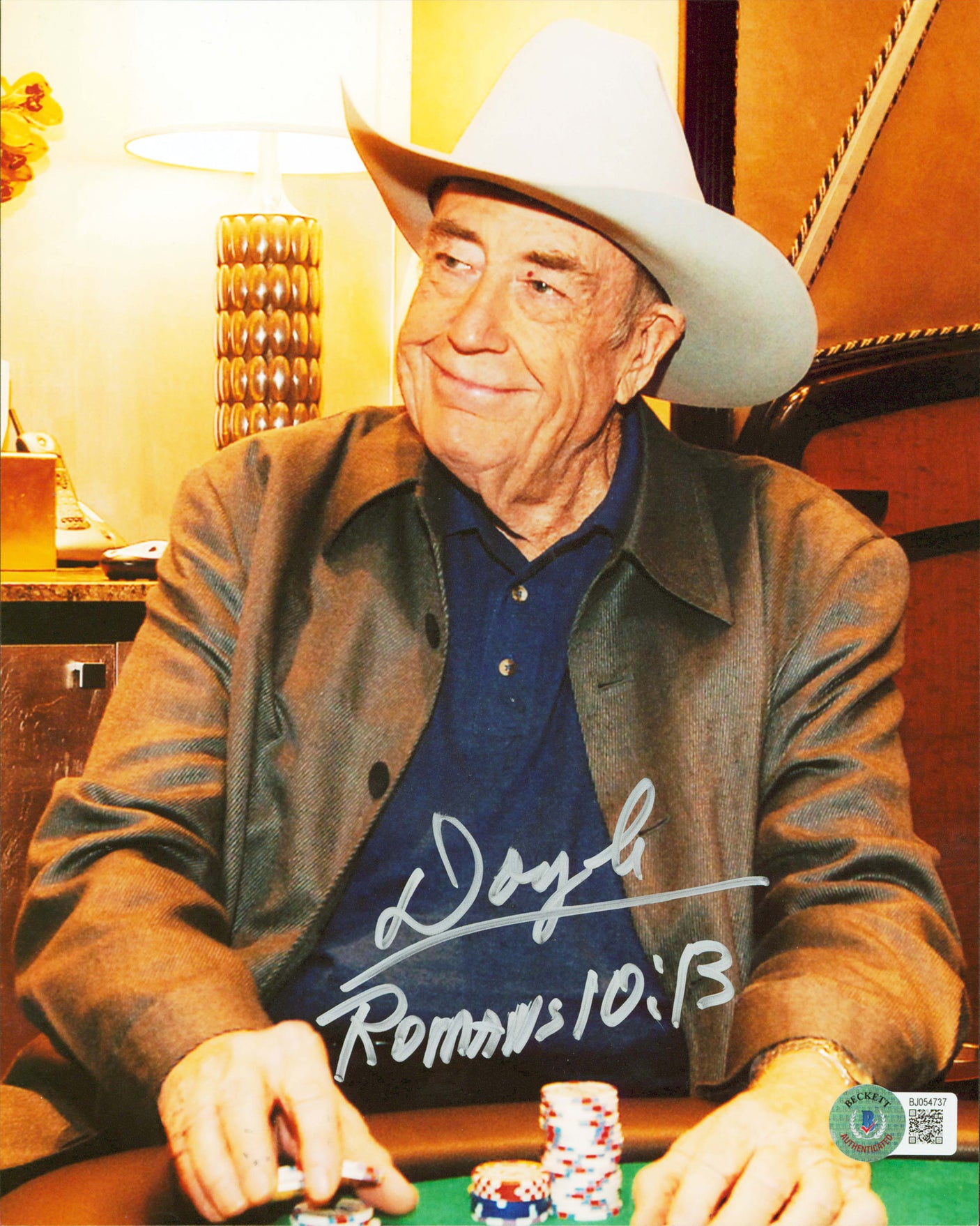 Doyle Brunson "Romans 10:13" Authentic Signed 8x10 Vertical Photo BAS #BJ054737