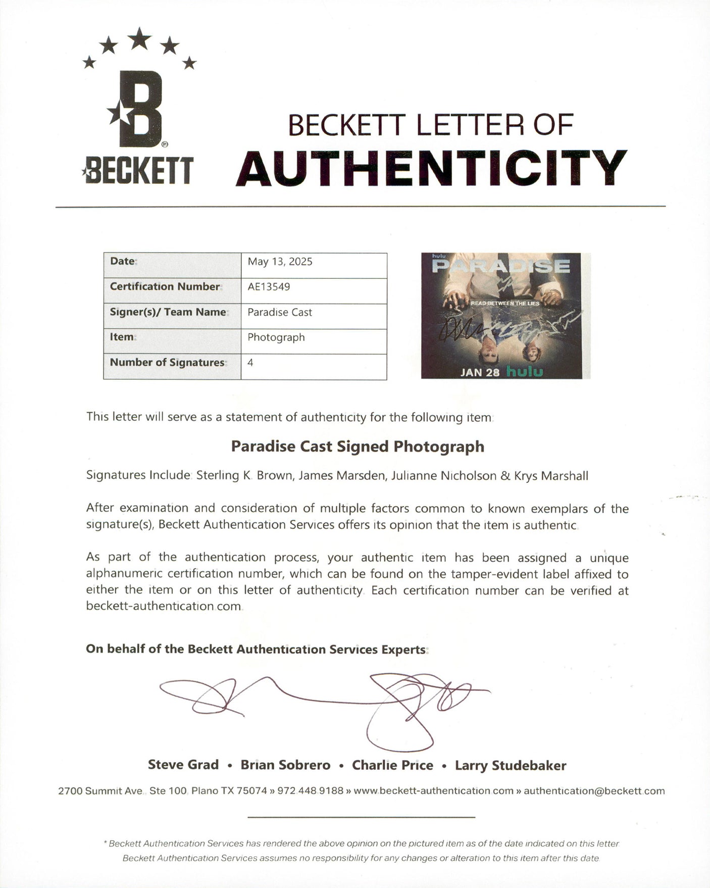 Paradise (4) Brown, Marsden, Nicholson, Marshall Signed 11x14 Photo BAS #AE13549