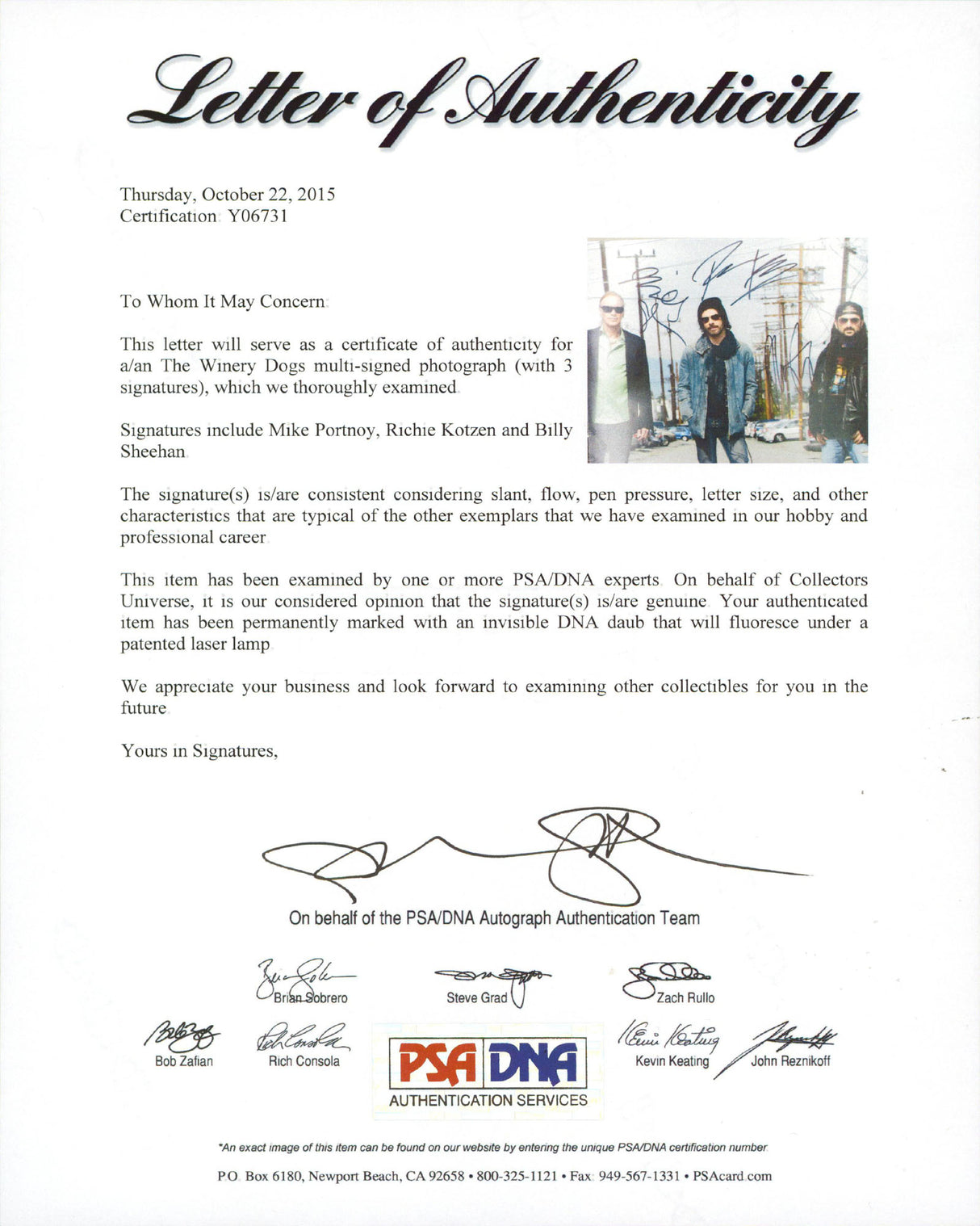 The Winery Dogs (3) Portnoy, Kotzen & Sheehan Signed 11x14 Photo PSA/DNA #Y06731