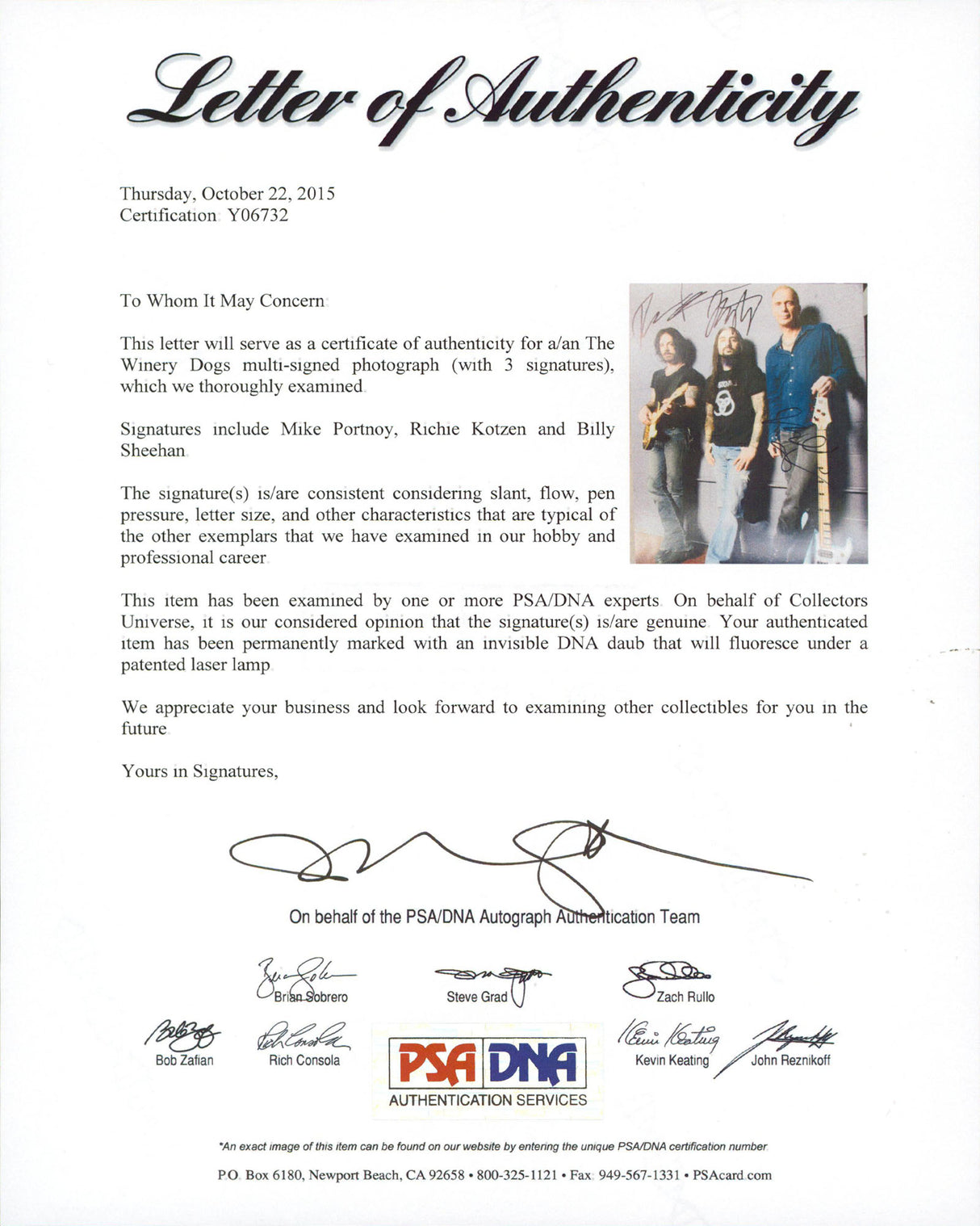 The Winery Dogs (3) Portnoy, Kotzen & Sheehan Signed 11x14 Photo PSA/DNA #Y06732