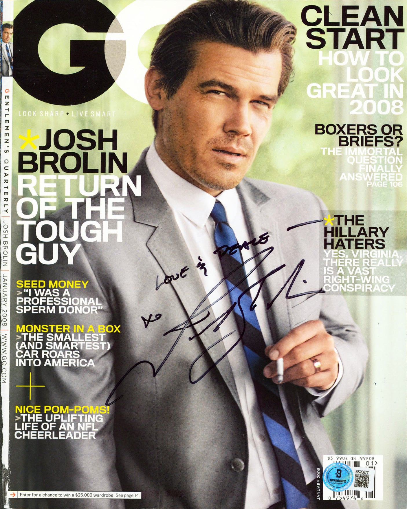 Josh Brolin "Love & Peace xo" Signed January 2008 GQ Magazine Cover BAS #BS20677