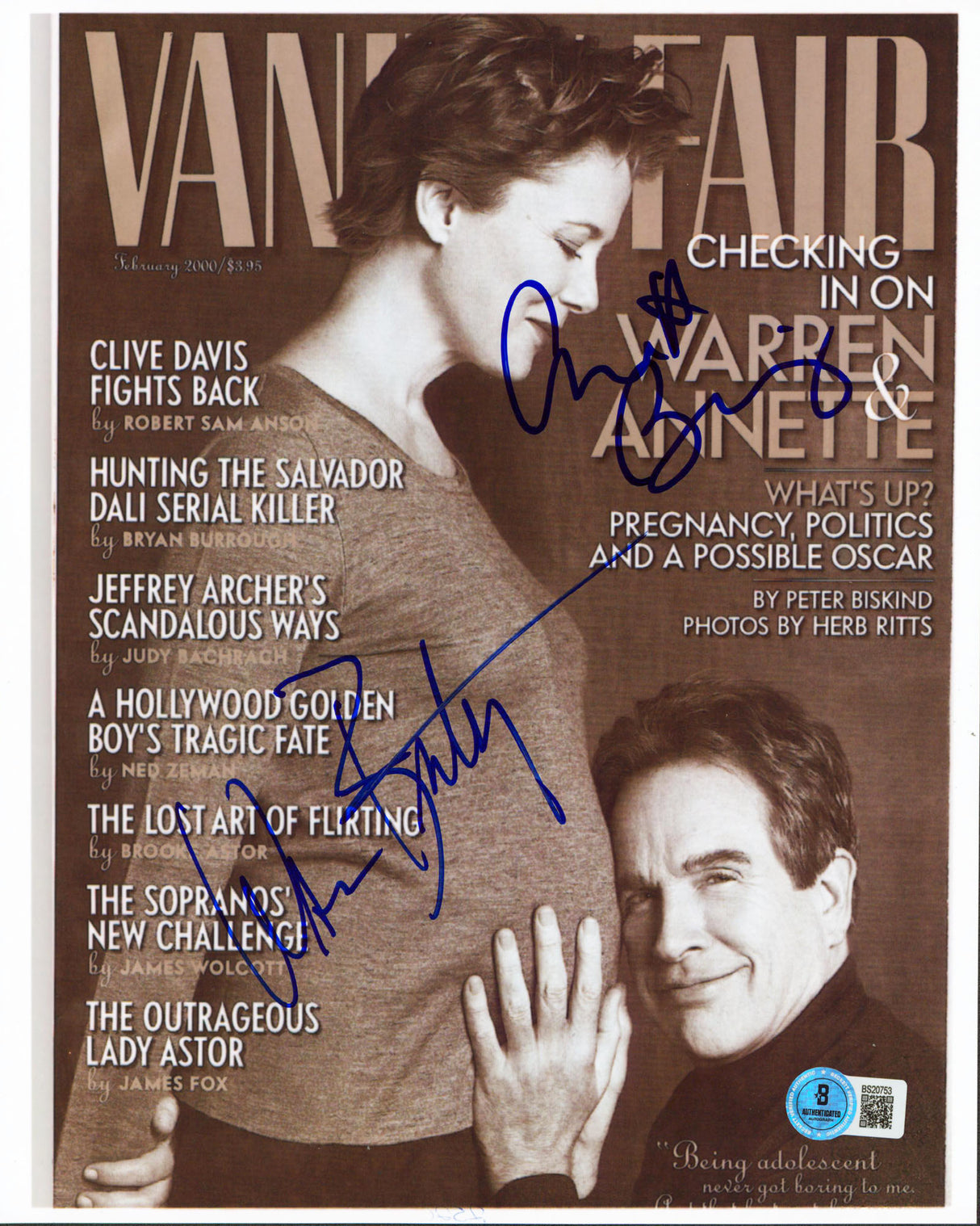 Warren Beatty & Annette Bening Bugsy Authentic Signed 8.5x10.5 Photo BAS#BS20753