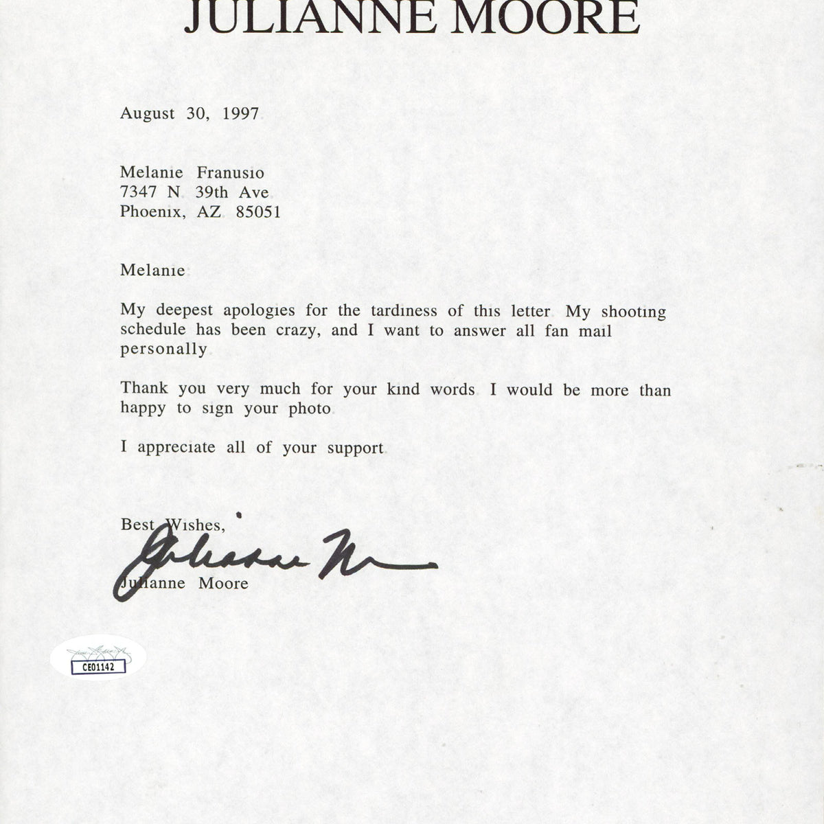 Julianne Moore Boogie Nights Authentic Signed 8.5x11 Letter JSA #CE011 ...