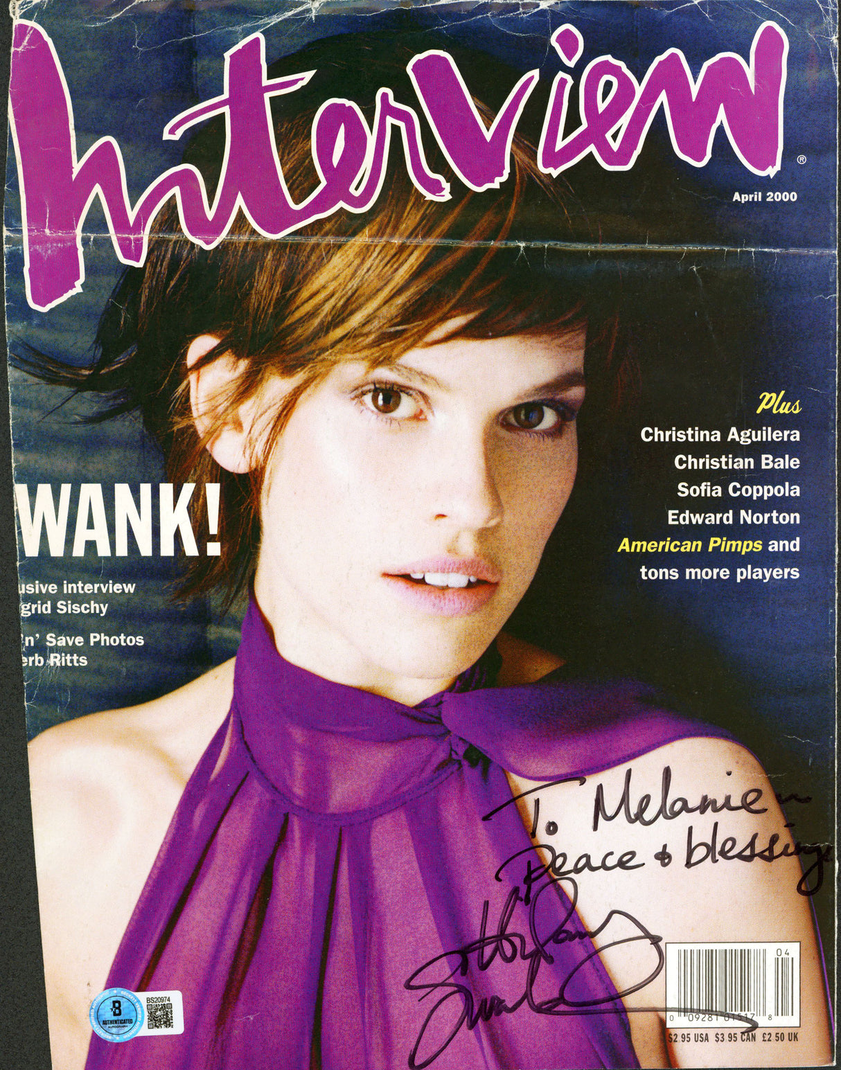 Hilary Swank "..Peace.." Signed Interview Magazine Cover April 2000 BAS #BS20974