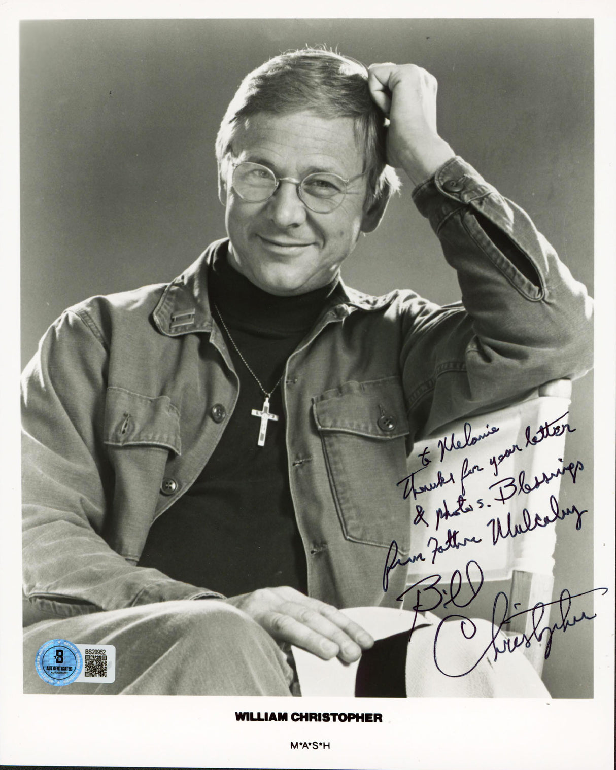 William Christopher MASH "To Melanie.. Father Mulcahy" Signed 8x10 Photo BAS