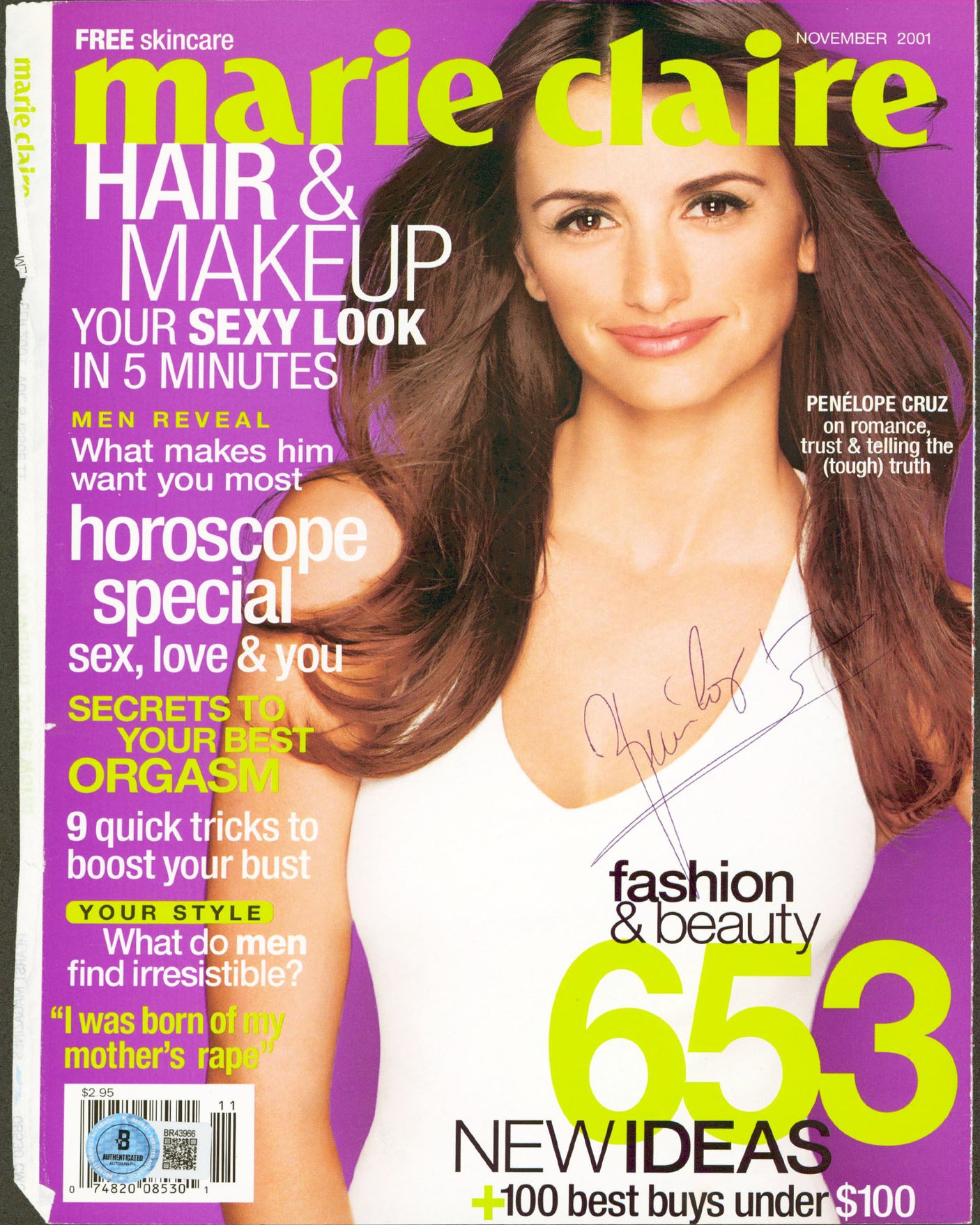 Penelope Cruz Authentic Signed Marie Claire Magazine Cover Nov. 2001 BAS#BR43966