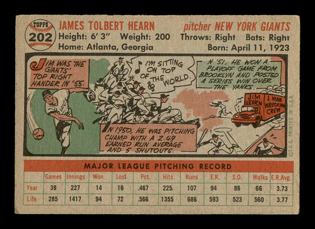 Jim Hearn Autographed 1956 Topps Card #202 New York Giants SKU #178635