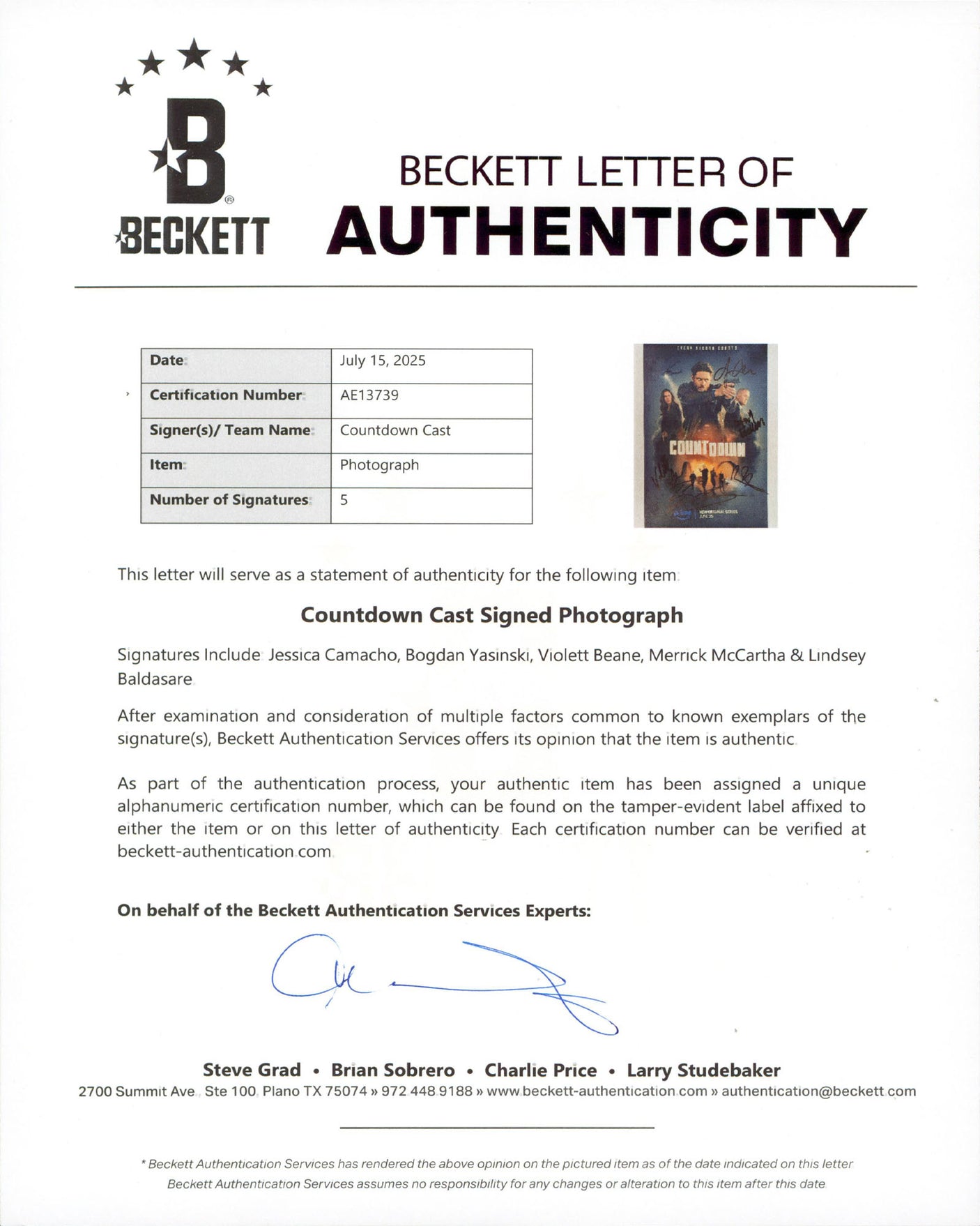 Countdown (5) Camacho, Yasinski, Beane +2 Signed 11x14 Photo BAS #AE13739