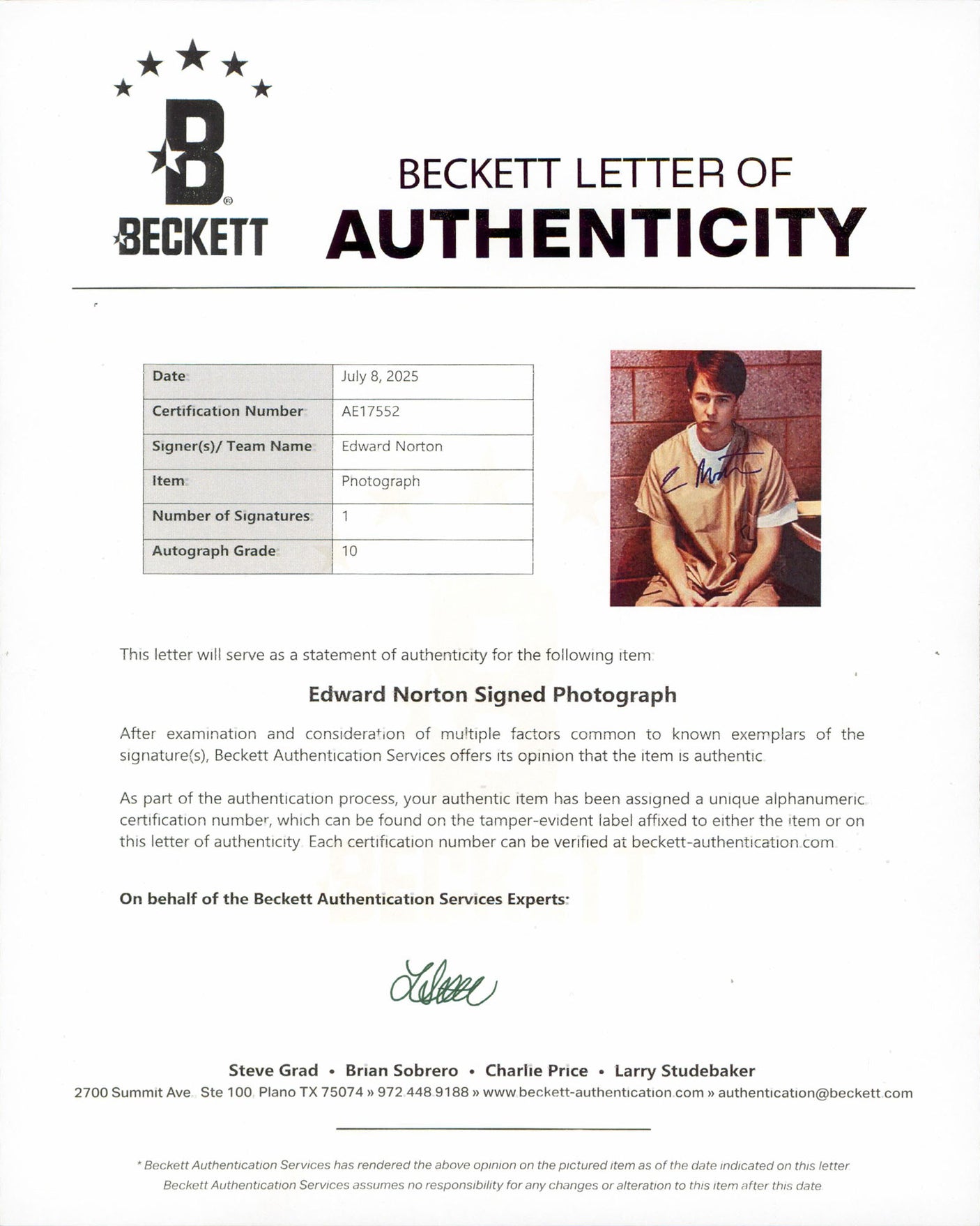 Edward Norton Primal Fear Authentic Signed 8x10 Vertical Photo BAS #AE17552