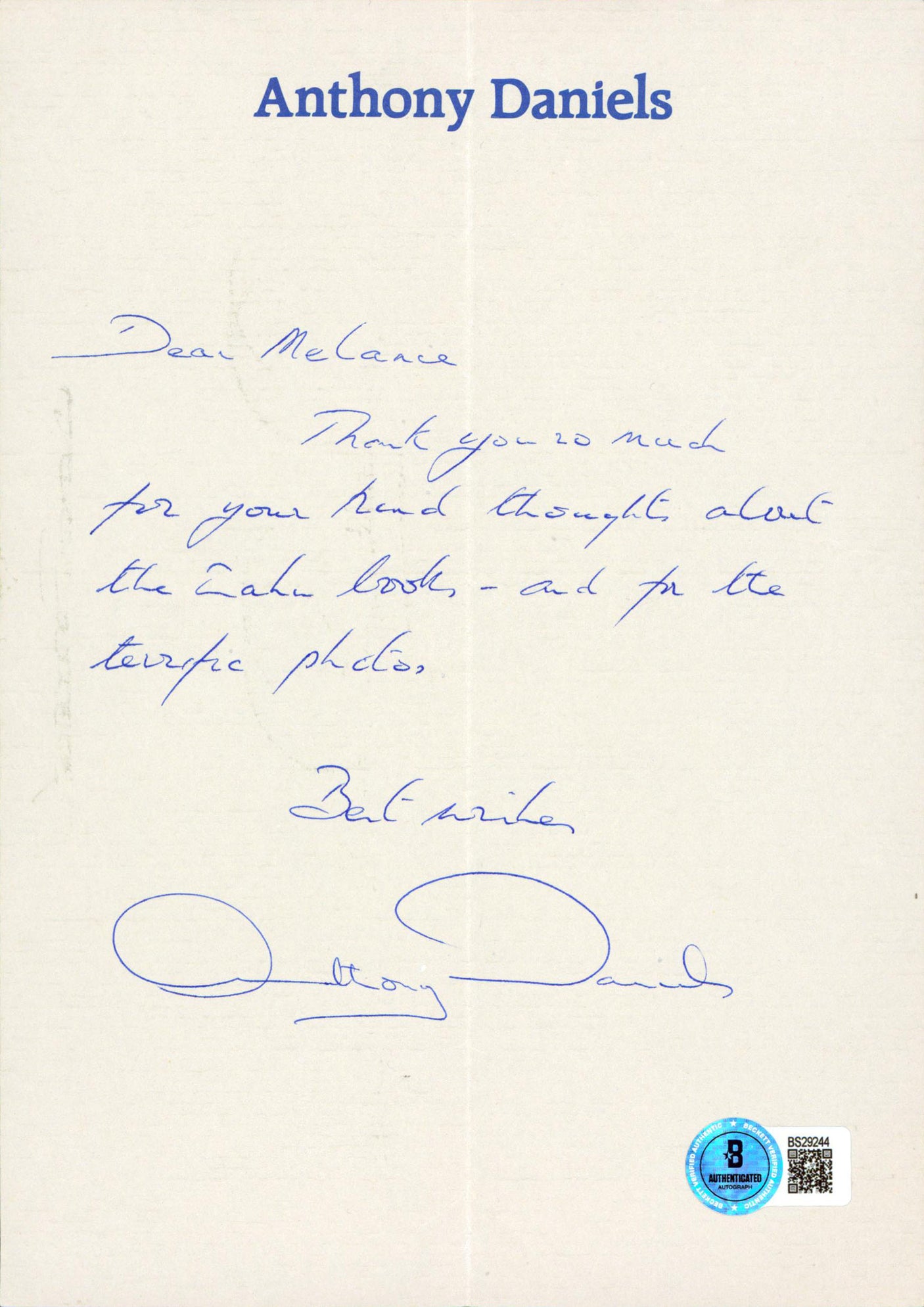 Anthony Daniels Star Wars "Best Wishes" Signed 8.25x5.75 Letter BAS #BS29244