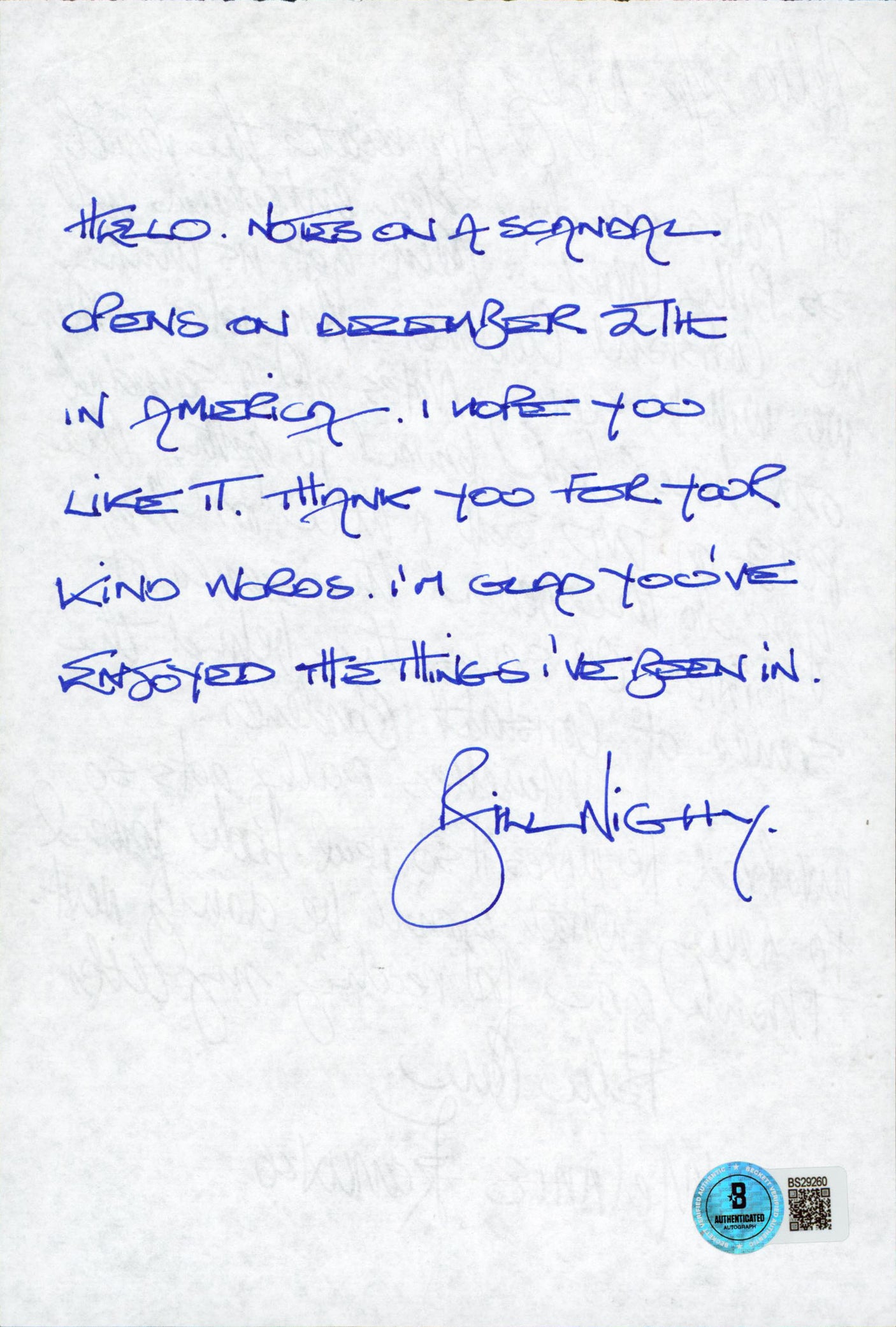 Bill Nighy Harry Potter Authentic Signed 6x8.75 Personal Letter BAS #BS29260