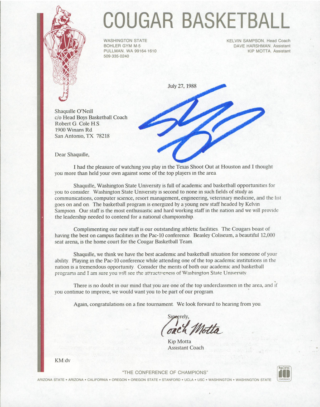 Shaquille O'Neal Signed 1988 Washington State University Recruitment Letter BAS