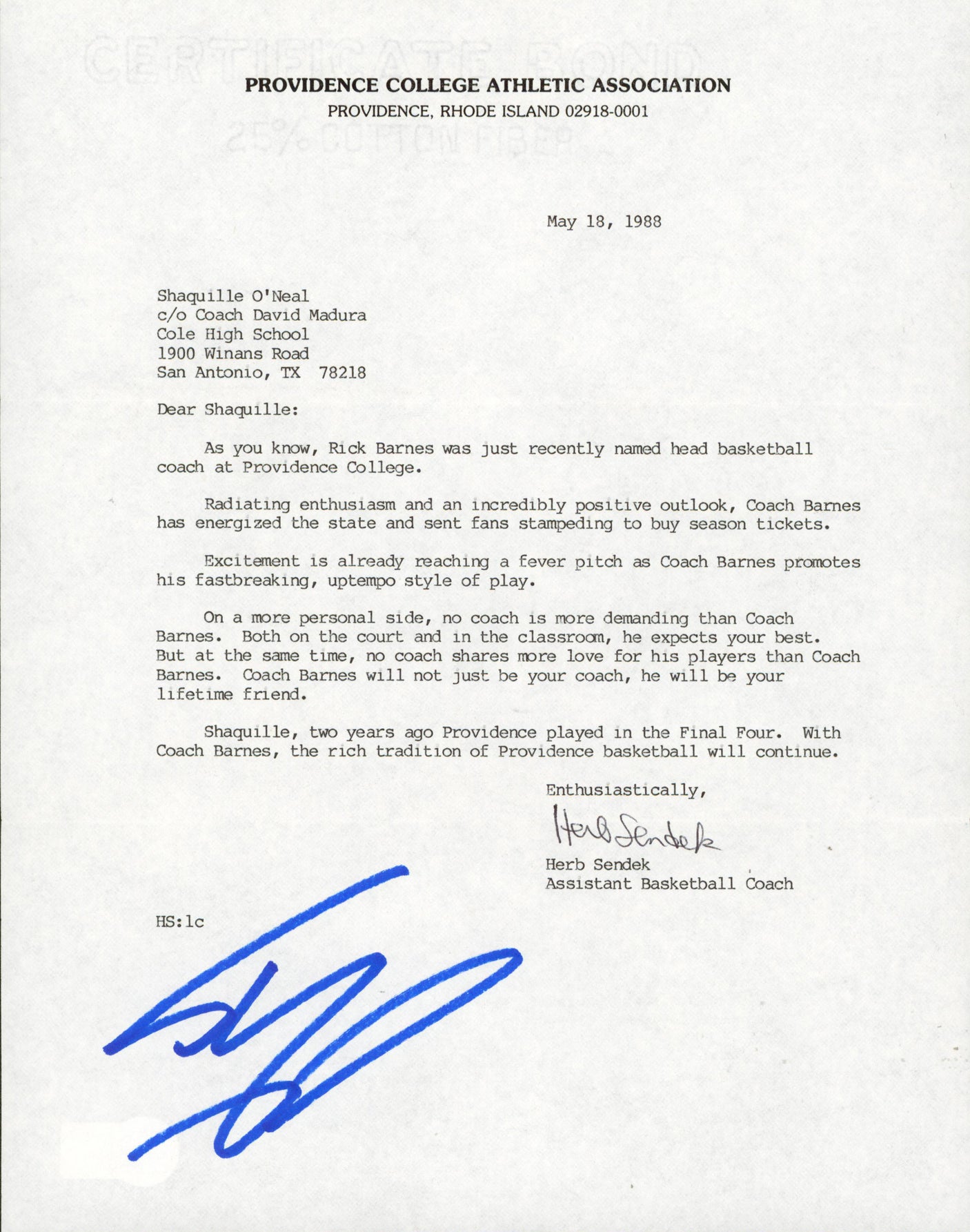 Herb Sendek & Shaquille O'Neal Signed 1988 Providence Recruitment Letter BAS