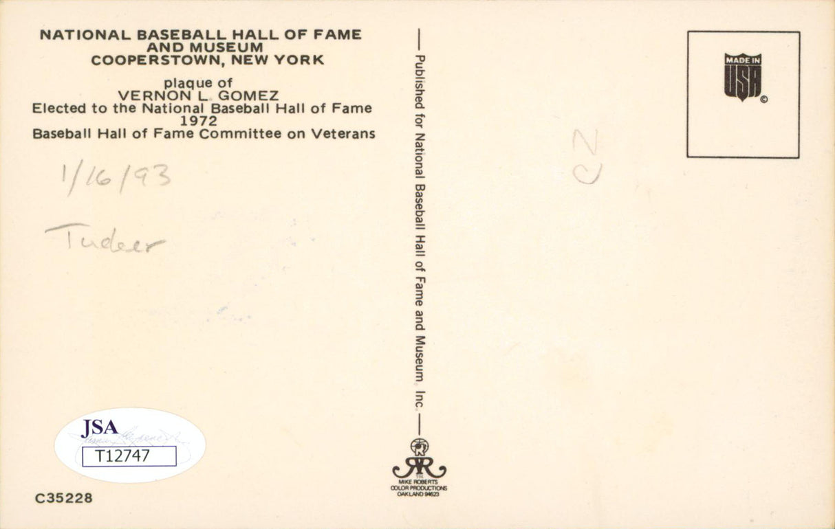 Yankees Lefty Gomez Authentic Signed 3.5x5.5 HOF Plaque Postcard JSA #T12747