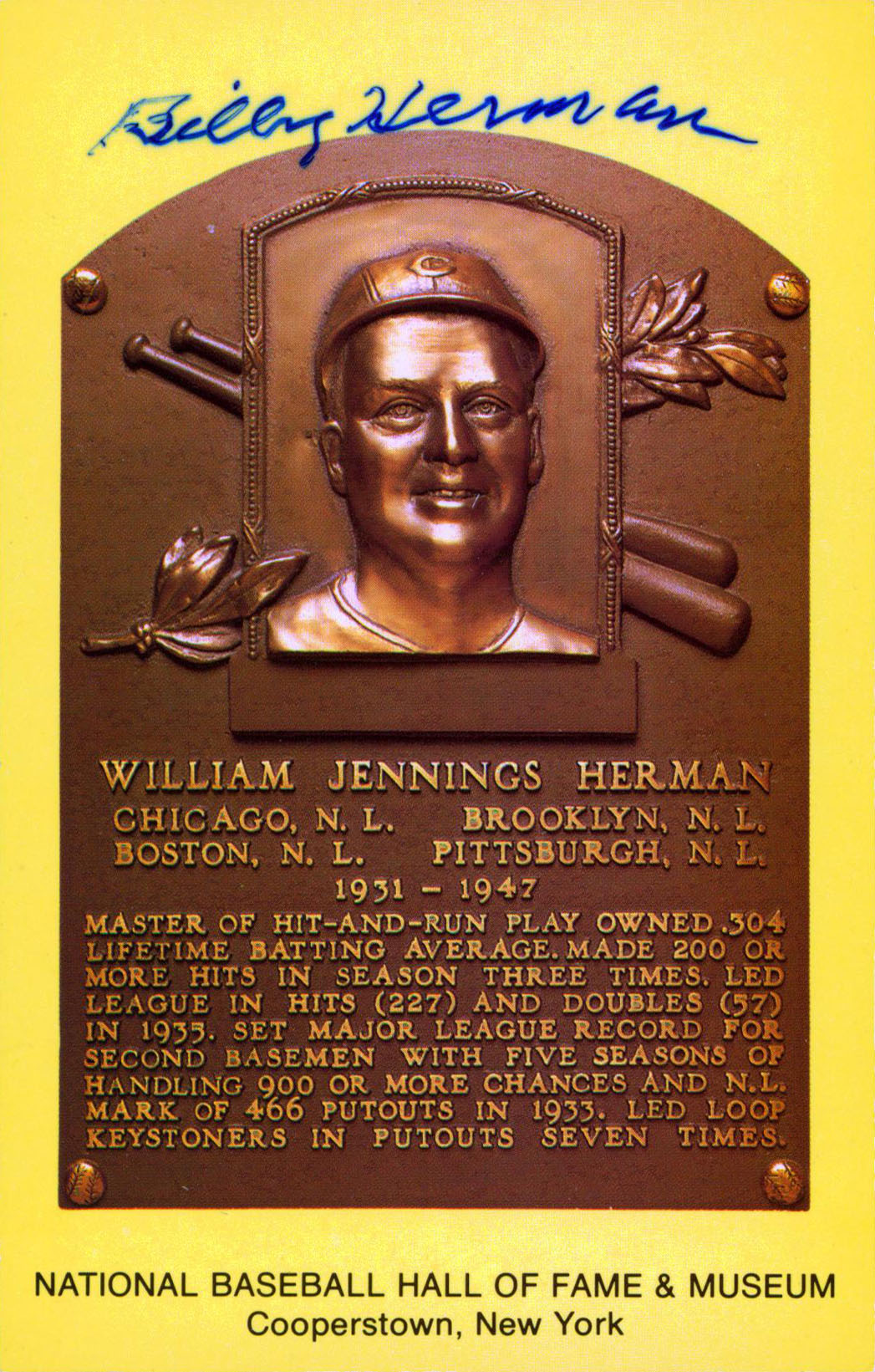 Cubs Billy Herman Authentic Signed 3.5x5.5 HOF Plaque Postcard JSA #T12742