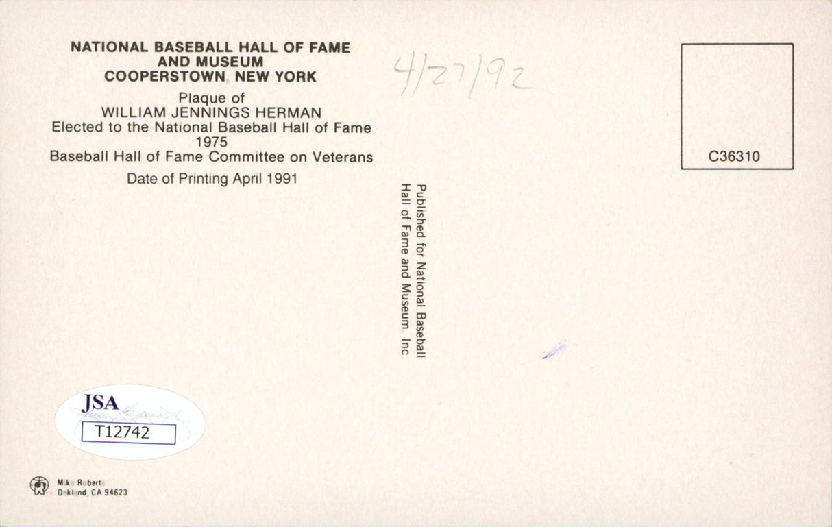 Cubs Billy Herman Authentic Signed 3.5x5.5 HOF Plaque Postcard JSA #T12742