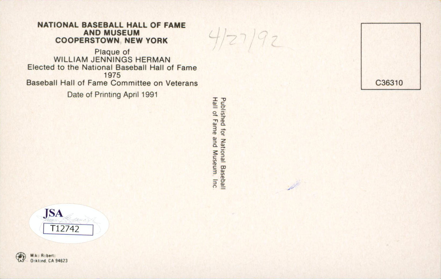 Cubs Billy Herman Authentic Signed 3.5x5.5 HOF Plaque Postcard JSA #T12742