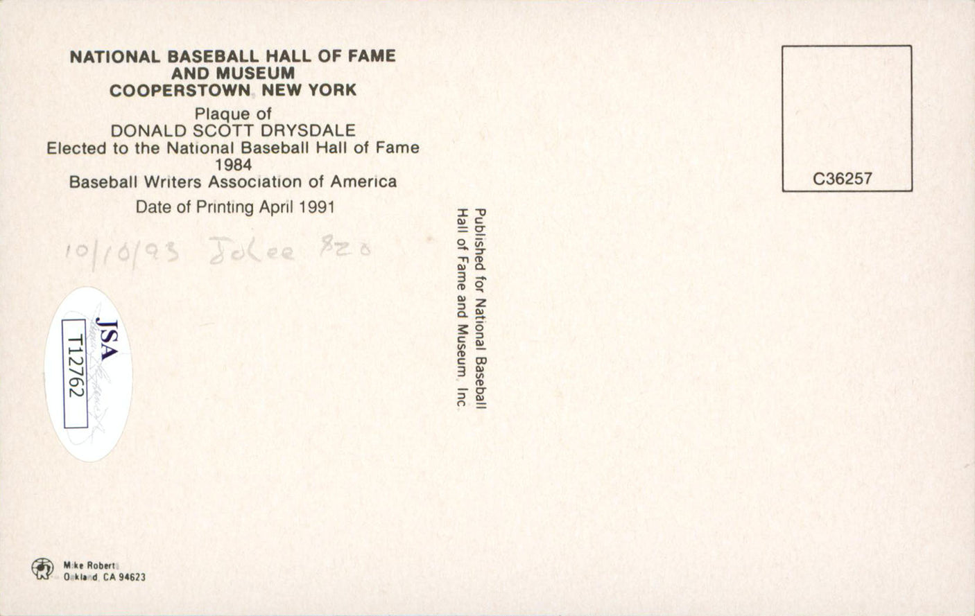 Dodgers Don Drysdale Authentic Signed 3.5x5.5 HOF Plaque Postcard JSA T12762