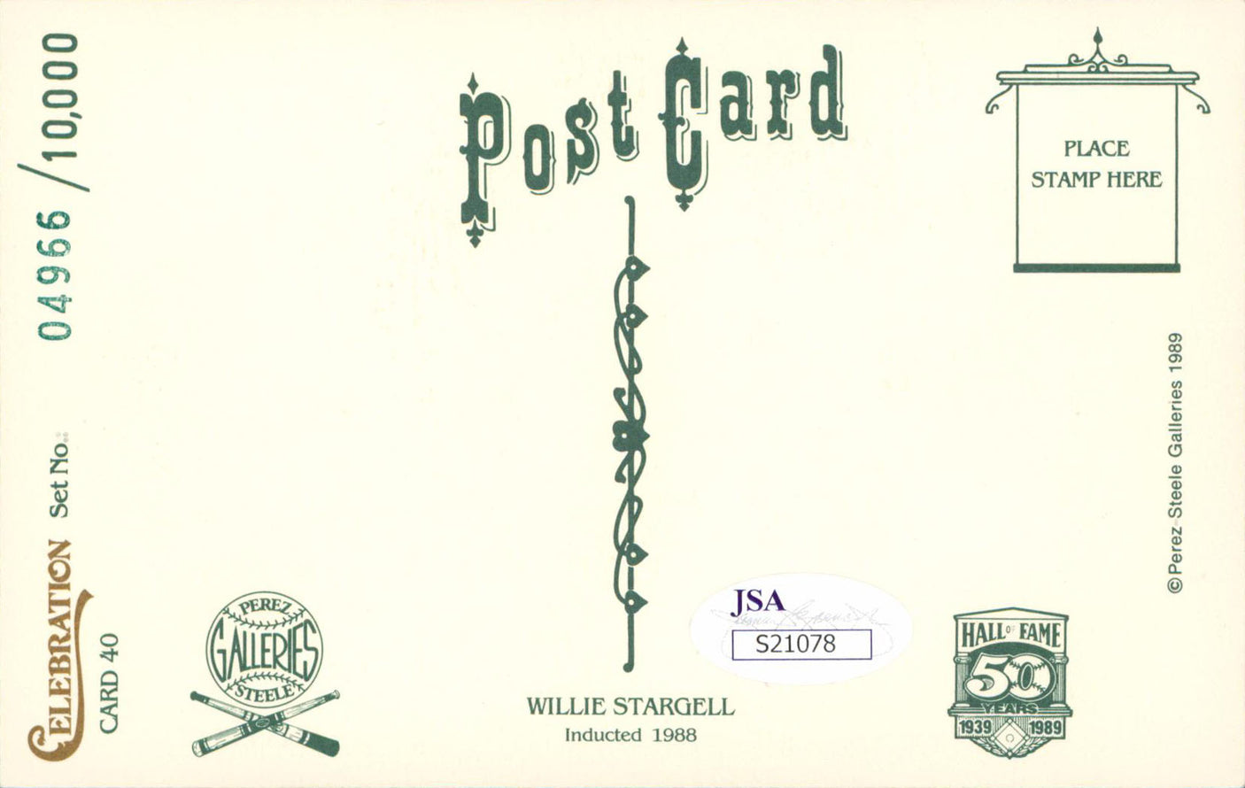 Pirates Willie Stargell Authentic Signed 3.5x5.5 Perez Steele Postcard JSAS21078