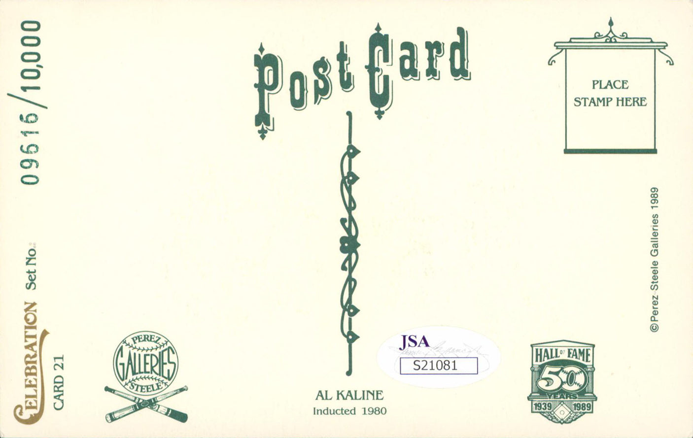 Tigers Al Kaline Authentic Signed 3.5x5.5 Perez Steele Postcard JSA #S21081