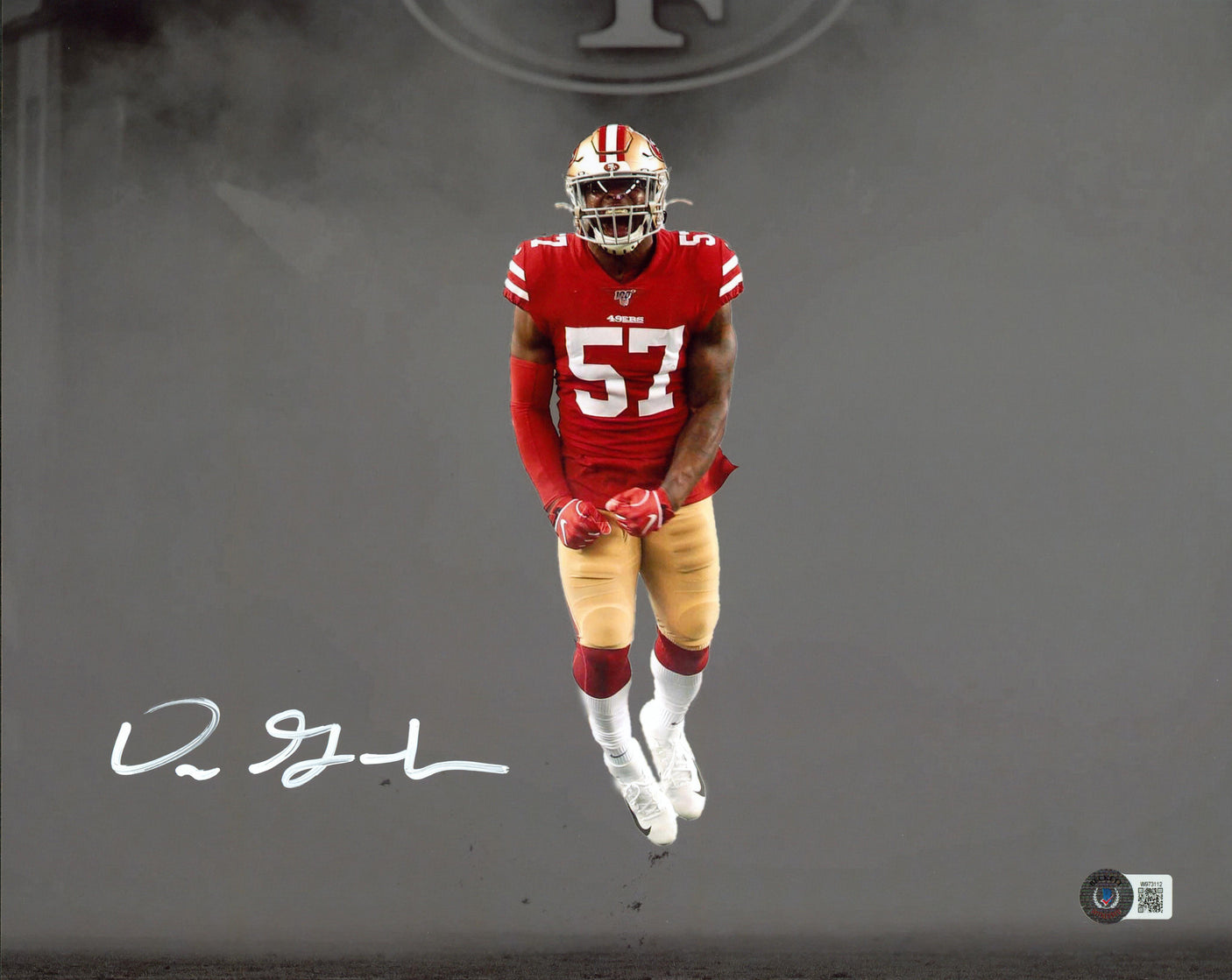 49ers Dre Greenlaw Signed 11x14 Horizontal Smoke Spotlight Photo BAS Witnessed