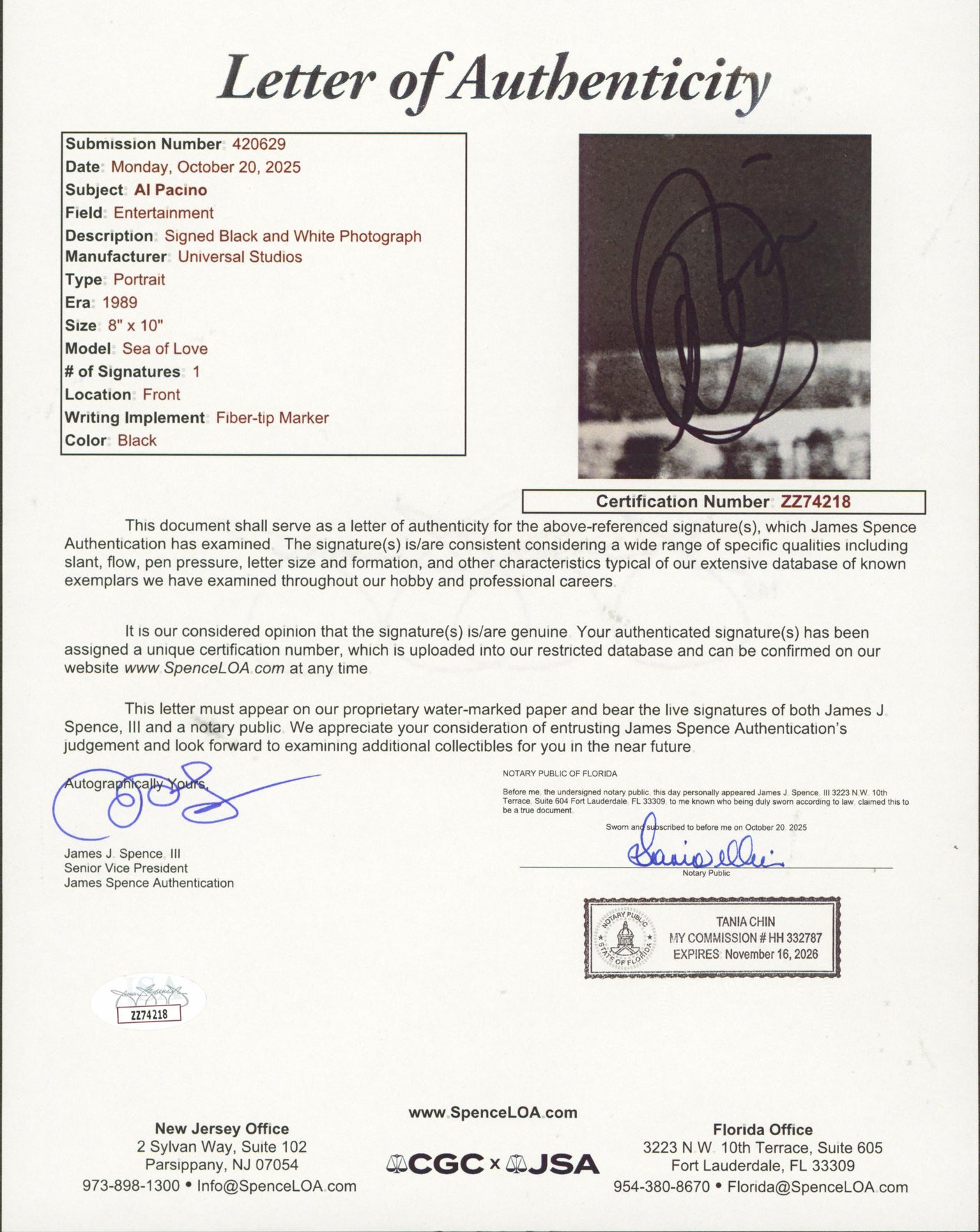 Al Pacino Sea of Love Authentic Signed 8x10 Promotional Photo JSA #ZZ74218