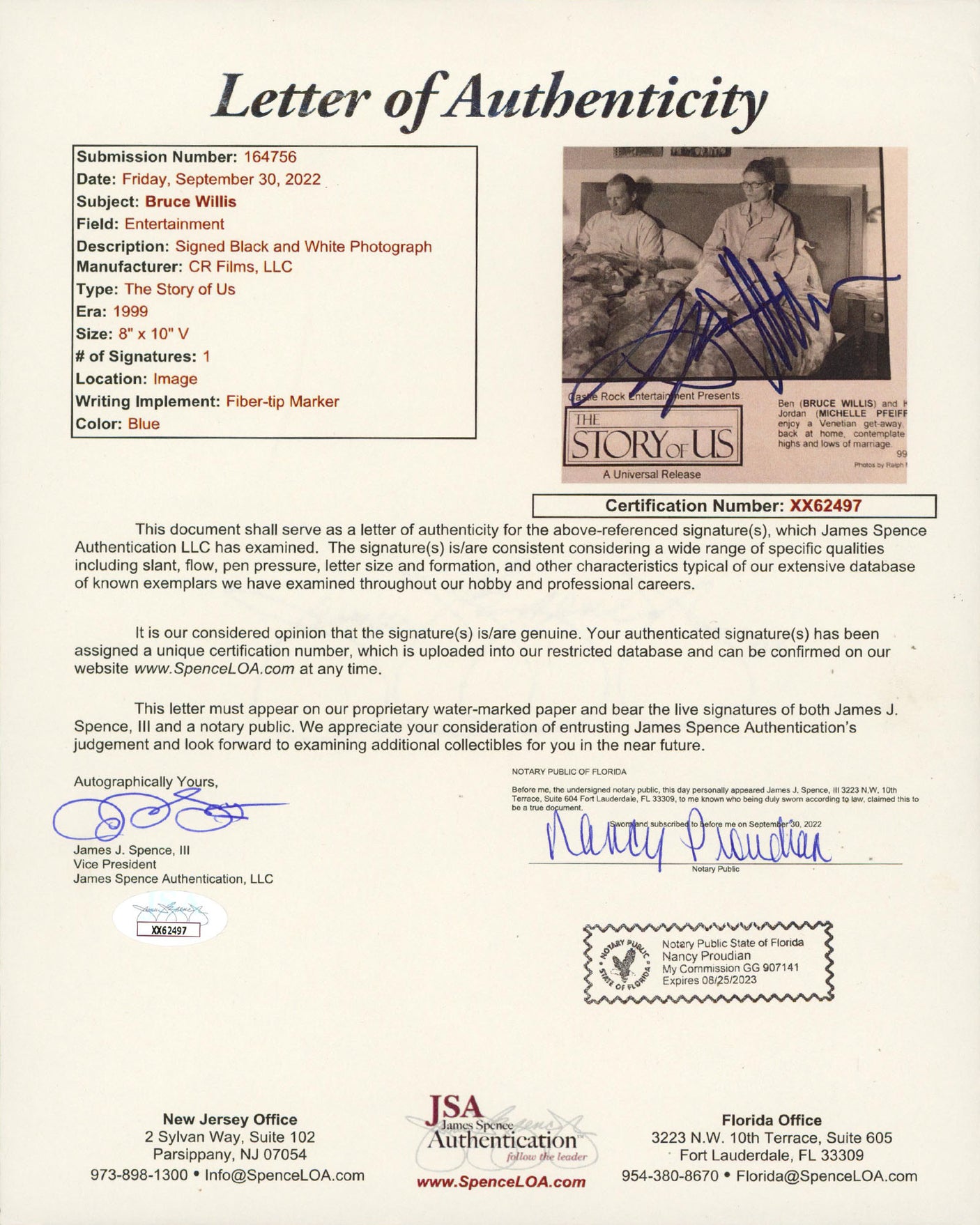 Bruce Willis The Story Of Us Authentic Signed 8x10 Vertical Photo JSA #XX62497